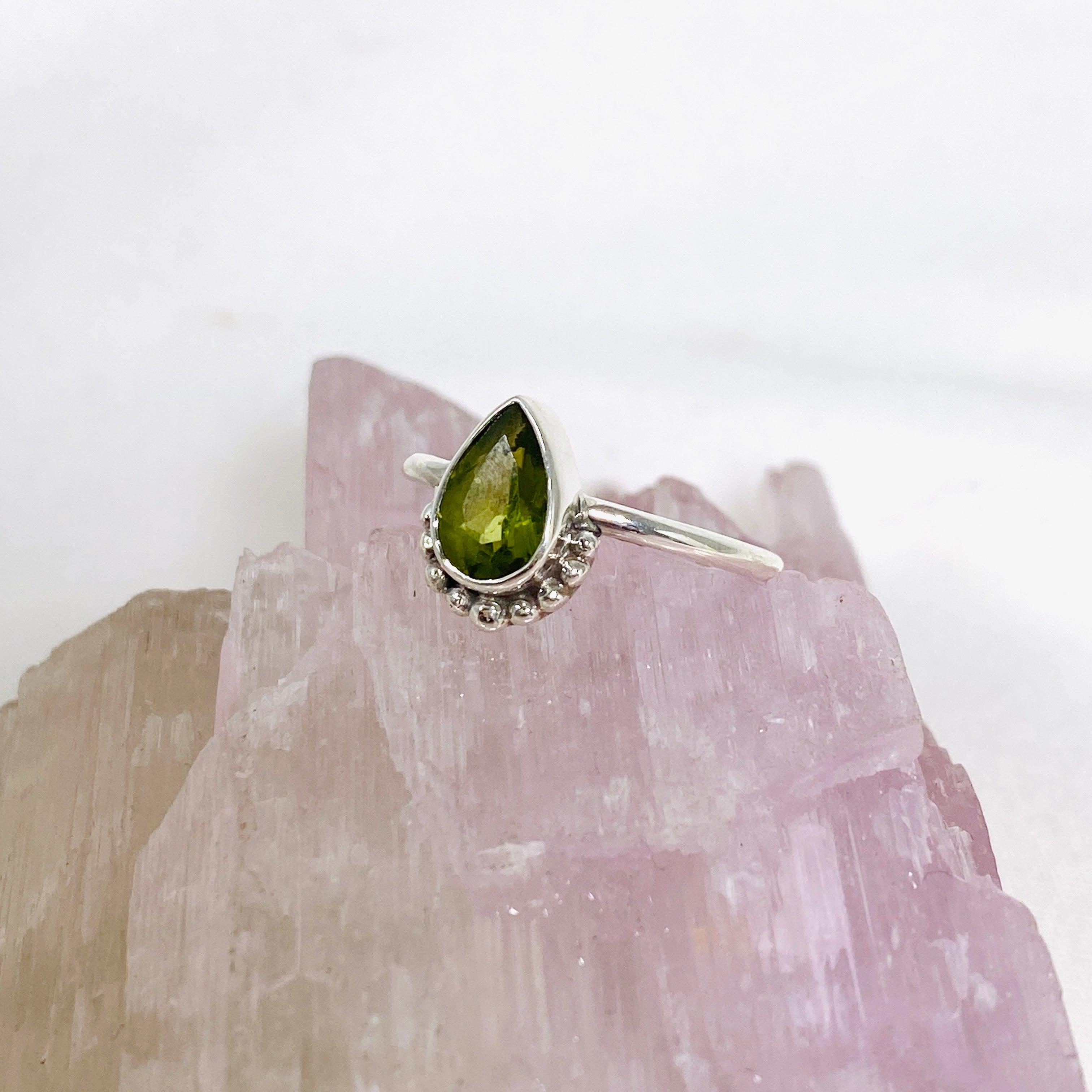 Peridot Teardrop Faceted Fine Band Ring - 14K Gold Plated Dainty Jewelry for Women - Perfect for Weddings, Anniversaries & Everyday Elegance