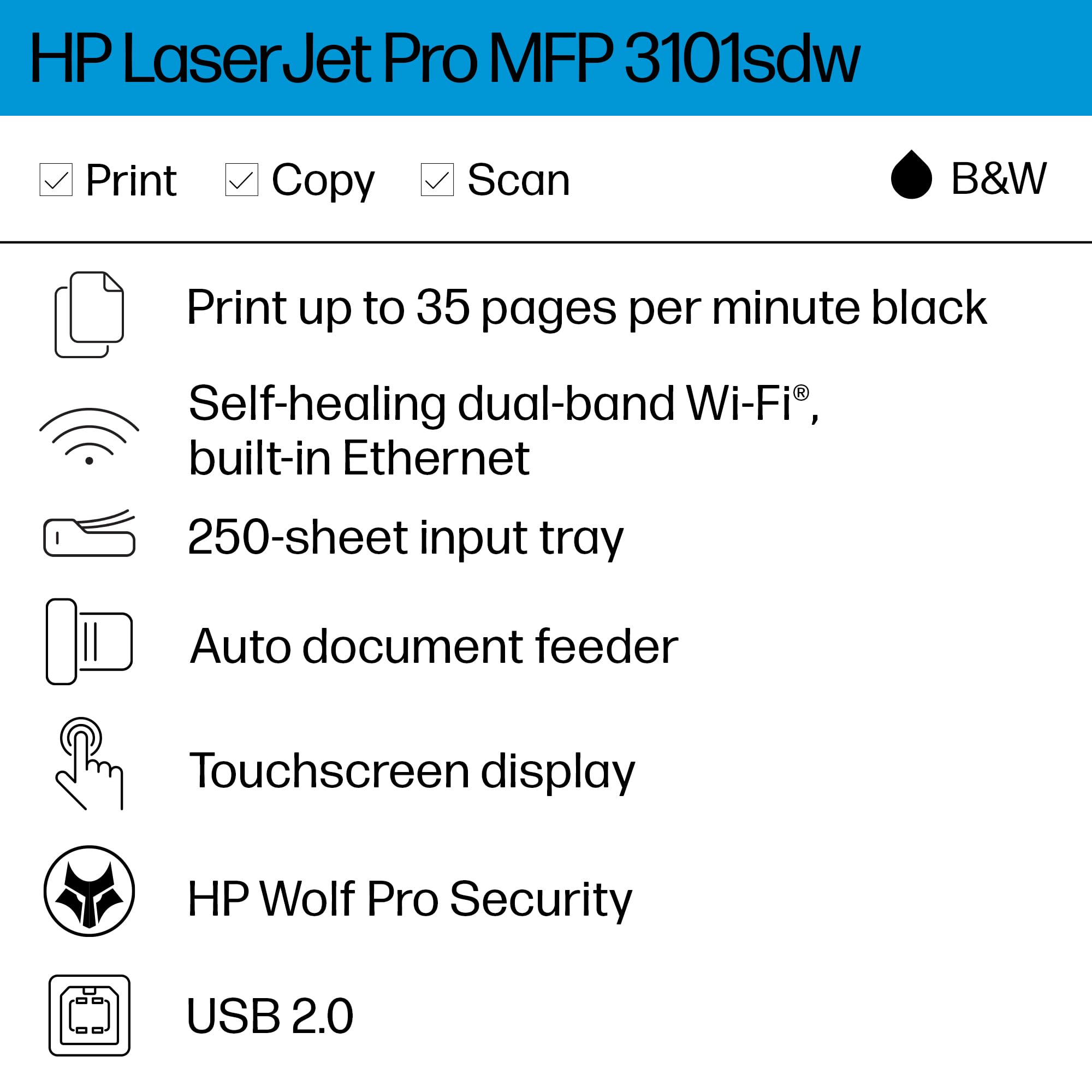 HP Laserjet Pro MFP 3101sdw Wireless Laser Printer - Fast Printing, Scanning & Copying for Home Office & Small Business Use