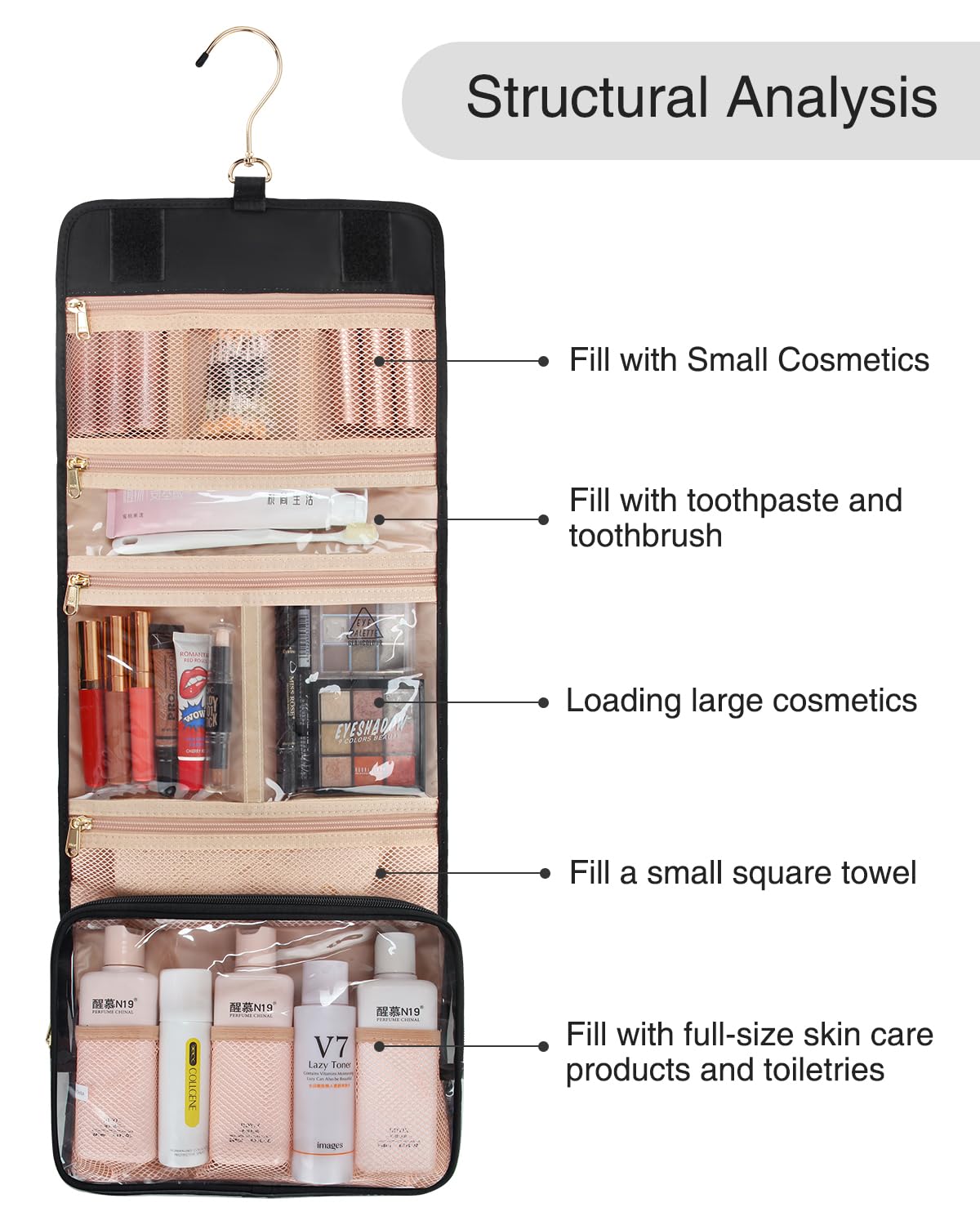 Portable Hanging Toiletry Bag for Women - Large Travel Makeup Organizer with Multiple Pockets, Waterproof Cosmetic Bag for Bathroom, Shower & Camping (Ideal for Travel, Gym & Daily Essentials Storage)