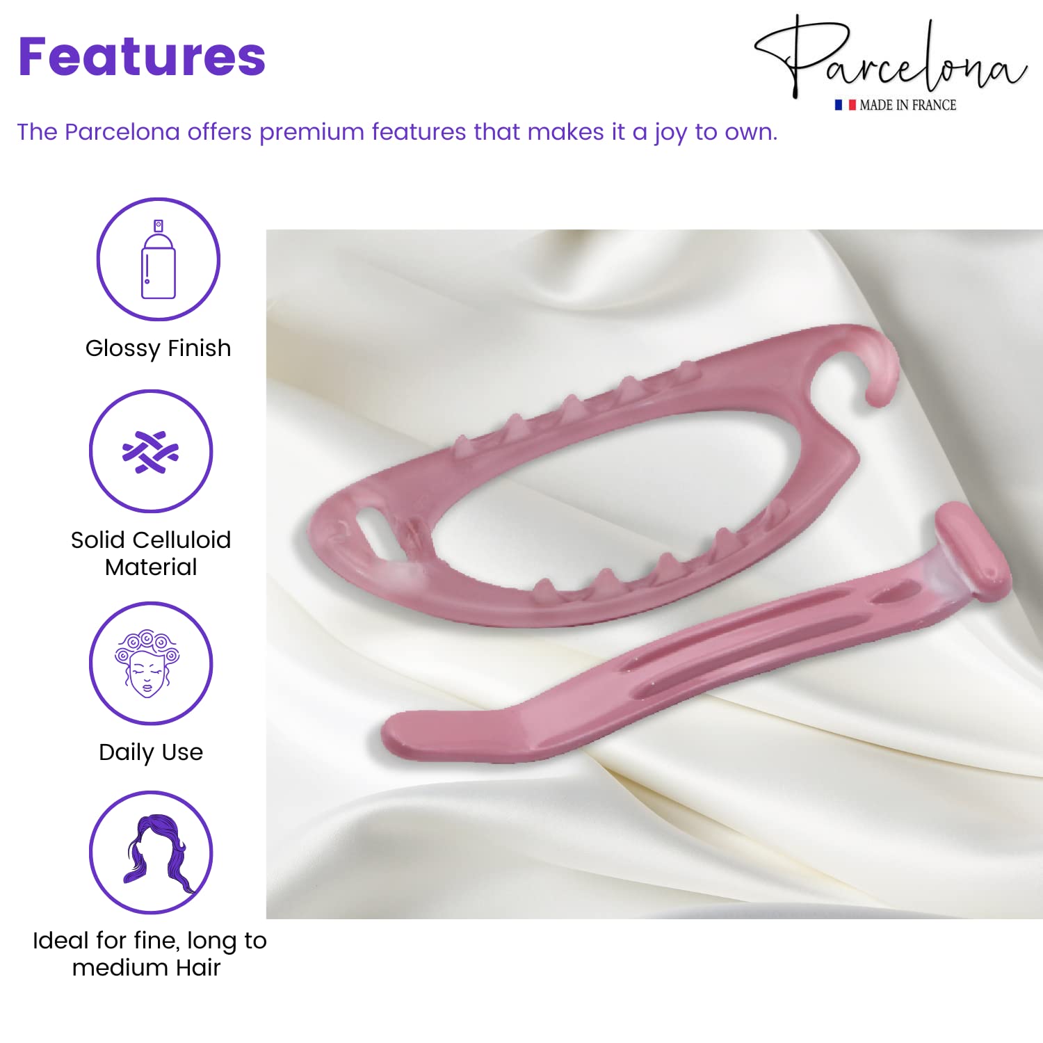 French Plain Oval Small Celluloid Hair Barrette Clips - Metal Free Women's Hair Accessories Made in France (Light Pink, 3.25 Inch) - Perfect for Weddings, Parties & Everyday Elegant Hairstyles