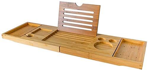 Expandable Bamboo Bathtub Caddy Tray - Adjustable Wooden Bathtub Organizer with Phone/Tablet Holder & Wine Glass Compartment - Fits All Bathtub Sizes - Perfect for Relaxing Baths, Reading & Spa Nights at Home