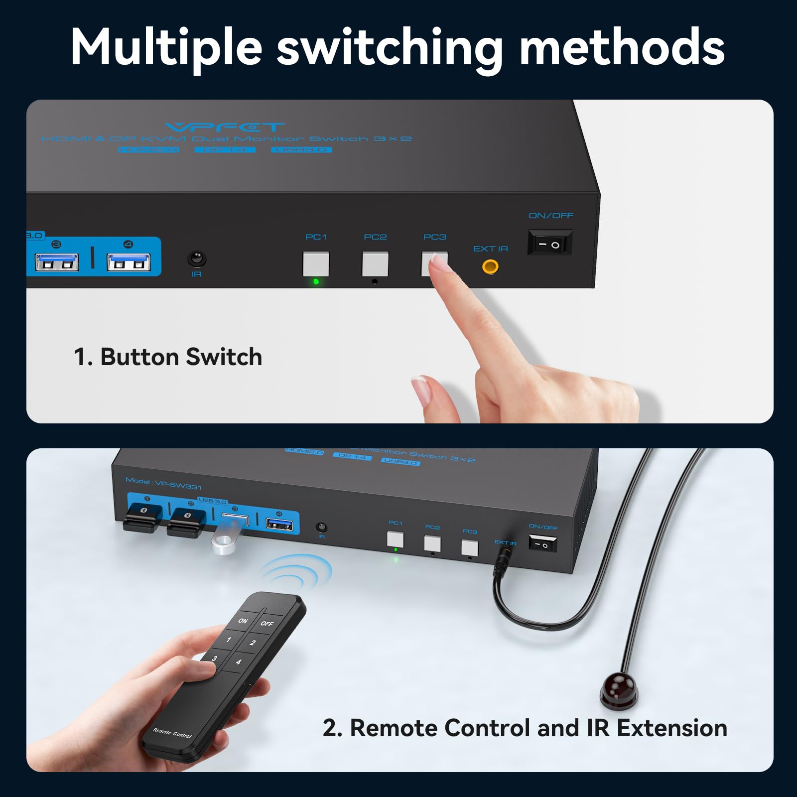 Premium 8K/4K HDMI 2.0 & DisplayPort 1.4 KVM Switch for 3 Computers - Dual Monitor Sharing with USB 3.0 Hub | Control Keyboard, Mouse, Printer & USB Devices | Includes 2 USB Cables | Ideal for Home Office, Gaming Setup & Multi-PC Workstations