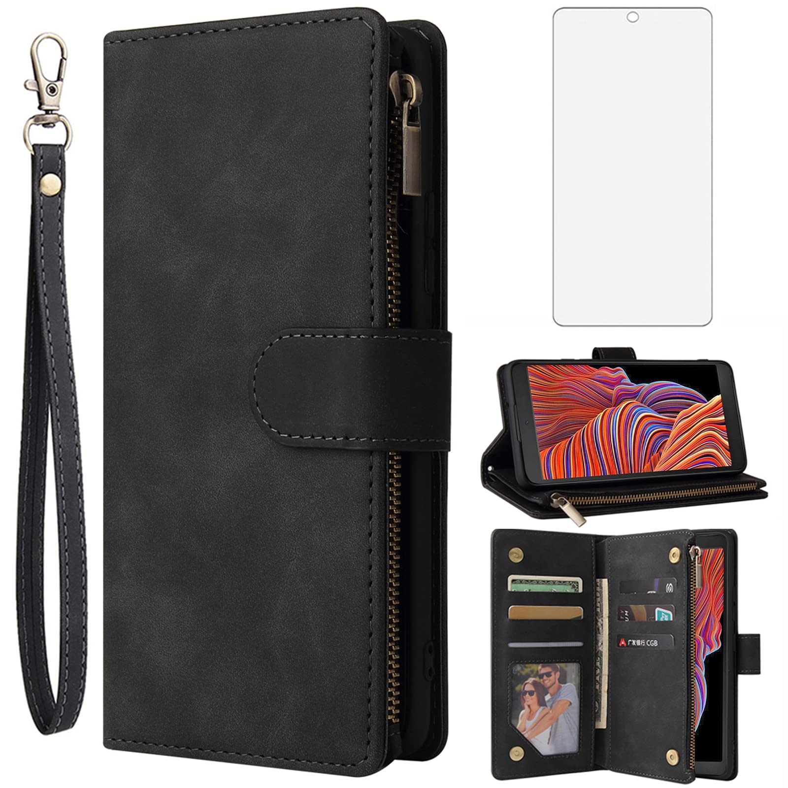 ASUWISH Samsung Galaxy Xcover 5 Wallet Case with Tempered Glass Screen Protector - Leather Flip Cover with Card Holder & Stand - Black Phone Case for Women - Perfect for Work, Travel & Everyday Protection