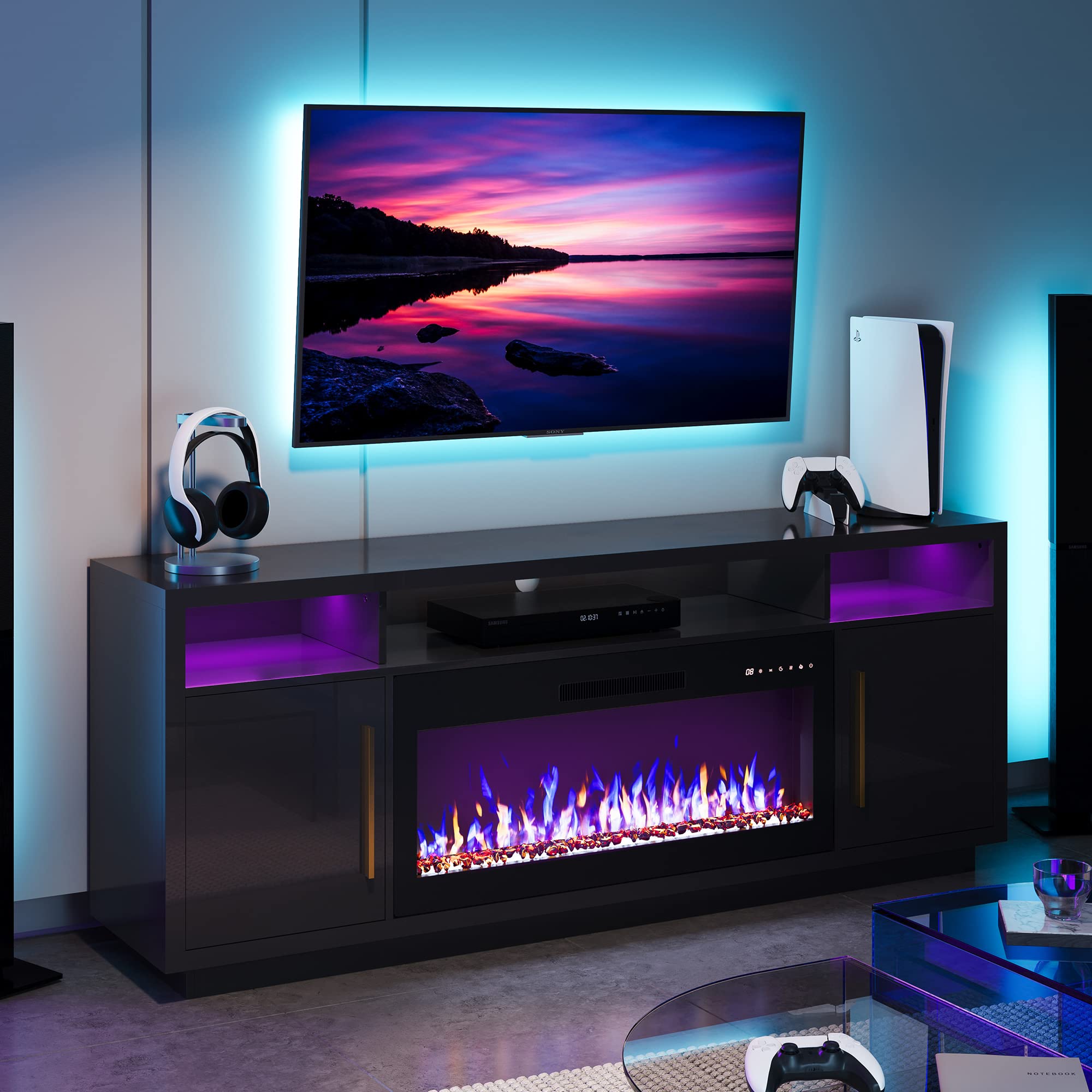 BELLEZE 70 Inch Fireplace TV Stand for 80 Inch TVs, LED Light Entertainment Center with 36 Inch Electric Fireplace Heater, Storage Cabinet, Media Console Table for Living Room - Avenue (Black) | Perfect for Home Theater Setup & Cozy Winter Nights