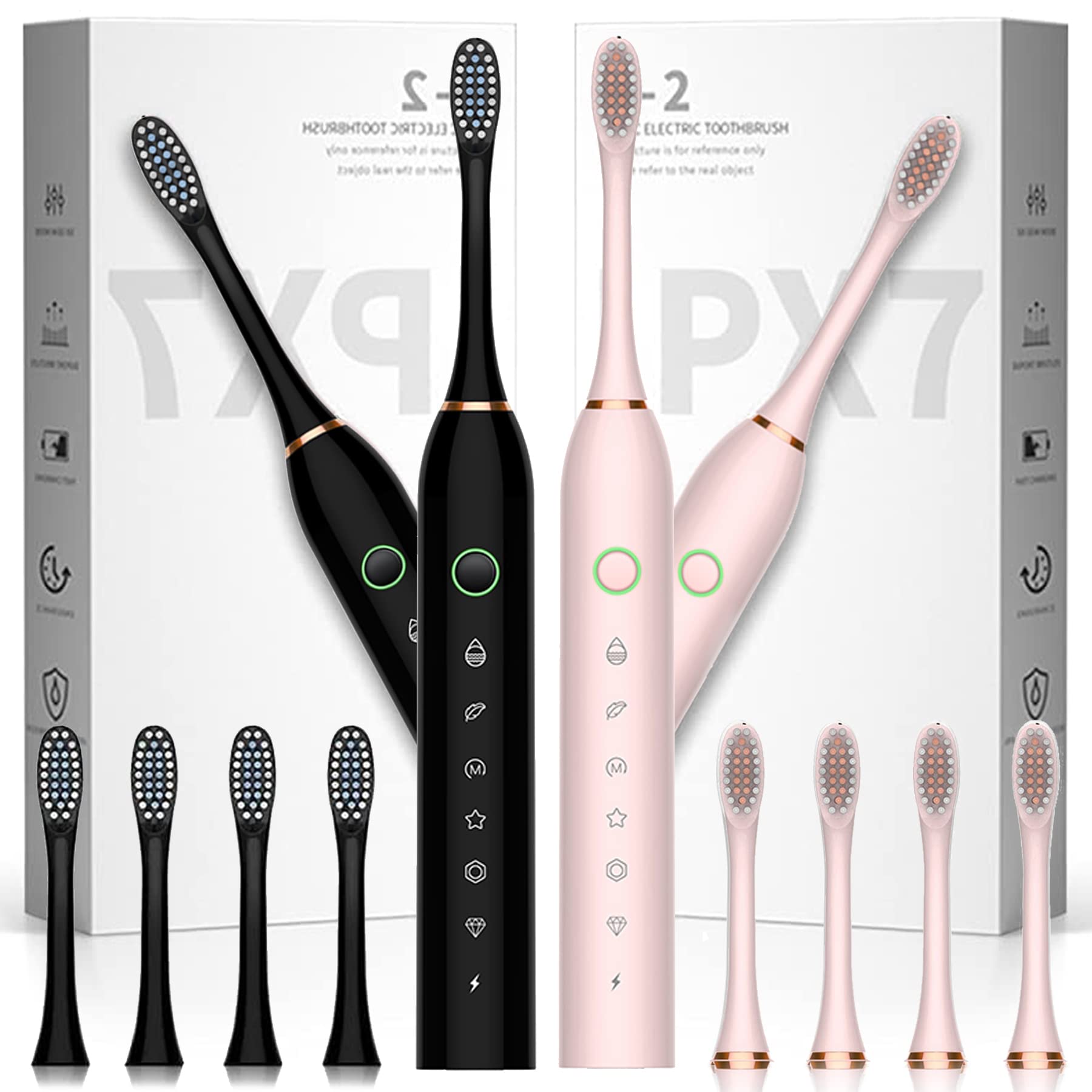 2 Pack Sonic Electric Toothbrush for Adults & Kids - 42,000 VPM with 8 Brush Heads, 6 Cleaning Modes & IPX7 Waterproof (Black & Pink) - Perfect for Travel, Family Use & Daily Oral Care