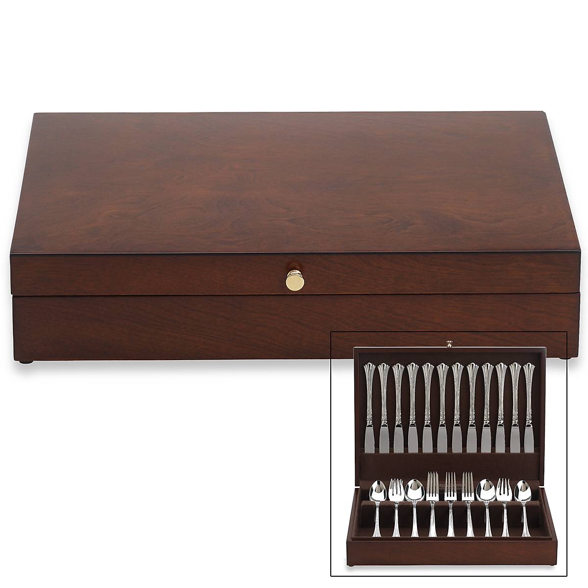 Eureka Mahogany Brown Flatware Chest - 12-Piece Silverware Set with Wooden Storage Box for Formal Dining & Entertaining