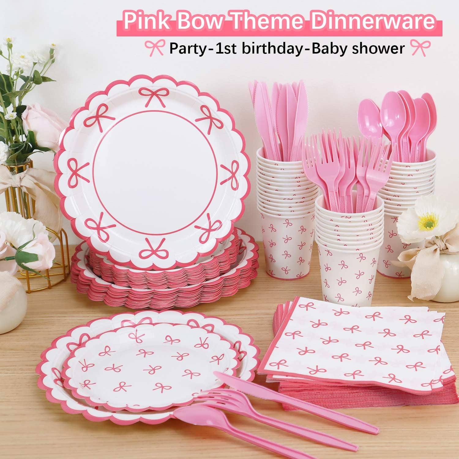 175Pcs Pink Bow Birthday Party Decorations Set - Plates, Napkins, Cups & Cutlery for 25 Guests | Coquette Theme Girls Birthday Supplies | Perfect for Princess Themed Parties, Baby Showers & Bridal Showers