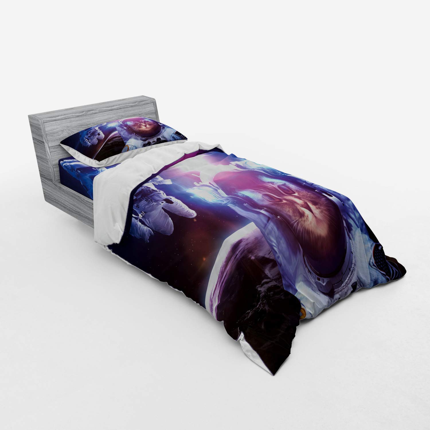 Ambesonne Space Cat Bedding Set - Twin Size 3-Piece Duvet Cover with Sham & Fitted Sheet, Astronaut Cat in Nebula Galaxy Print, Dark Blue White Purple - Perfect for Kids' Room, Space-Themed Bedroom Decor & Sci-Fi Lovers