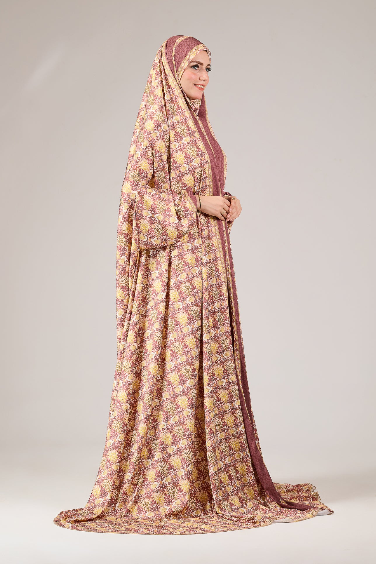 Elegant Satin Floral Prayer Gown with Elastic Cuffs - Comfortable Religious Attire for Church, Home Worship & Special Occasions