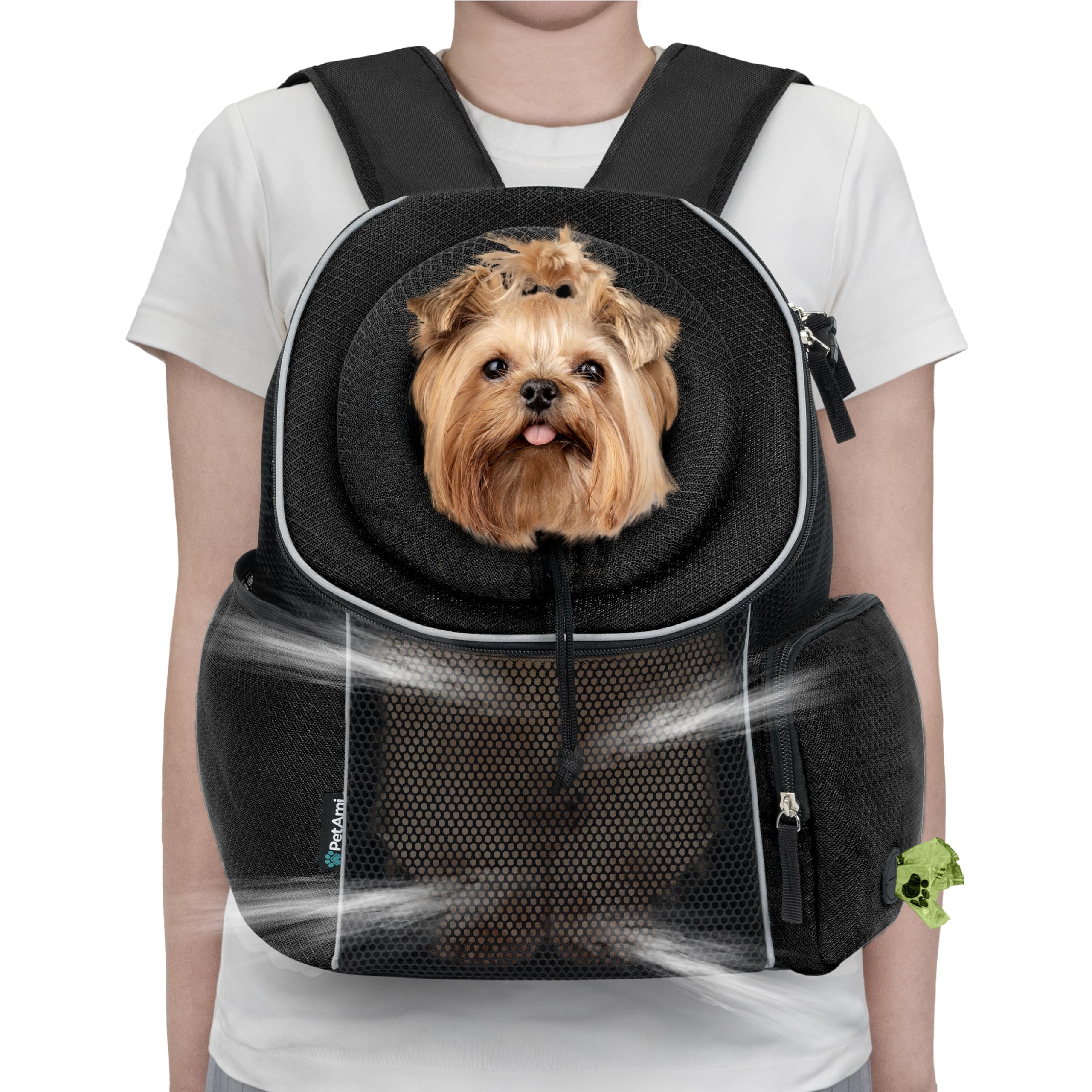 PetAmi Adjustable Dog Carrier Backpack - Ventilated Pet Chest Carrier for Small Dogs & Cats up to 14 lbs - Perfect for Hiking, Camping & Travel - Black