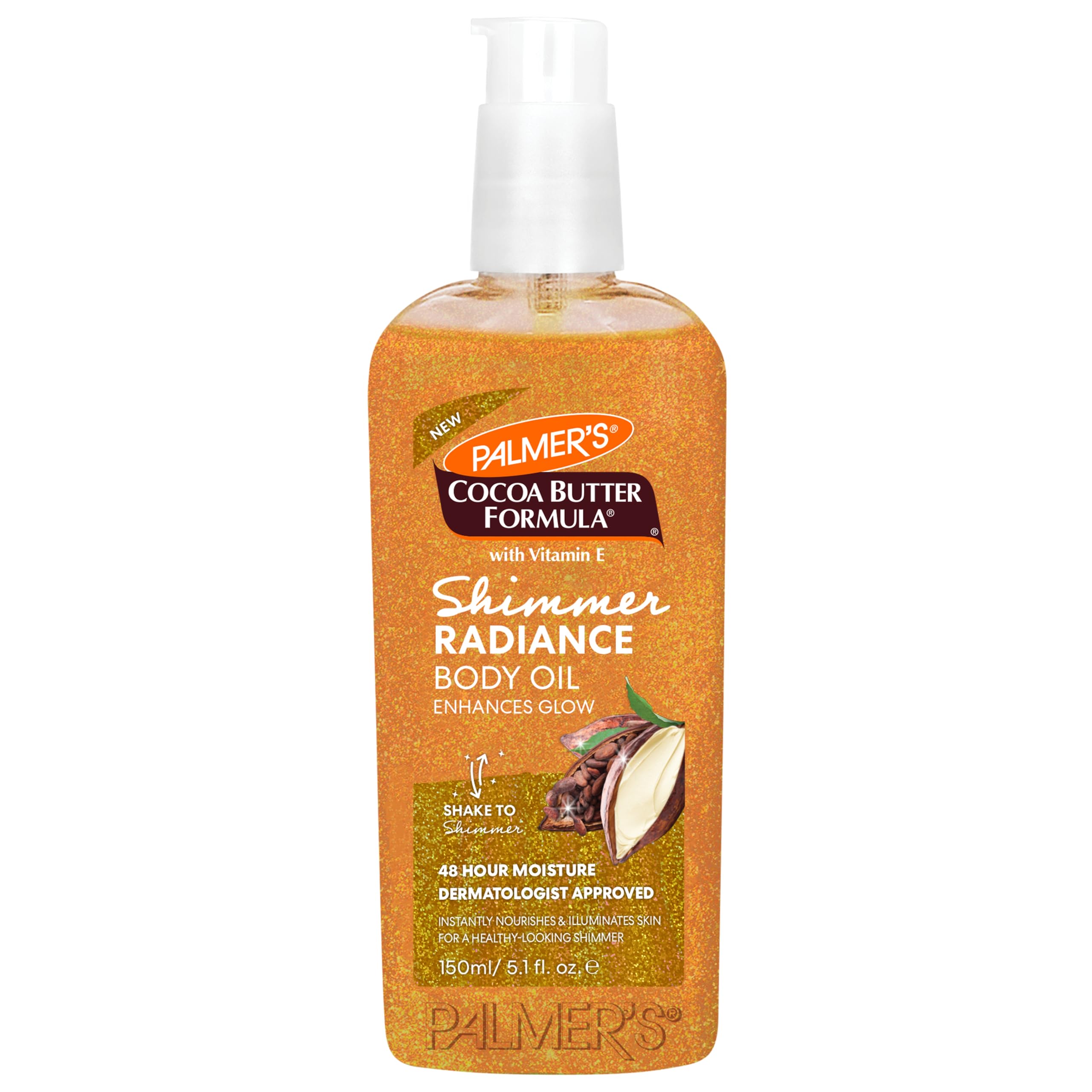Palmer's Cocoa Butter Formula Shimmer Body Oil with Vitamin E - 5.1 Fl Oz Radiance Glow Oil for Dark Skin & Tan Enhancement | Hydrating Body Moisturizer for Summer, Beach & Special Occasions | Vegan & Cruelty-Free Skincare