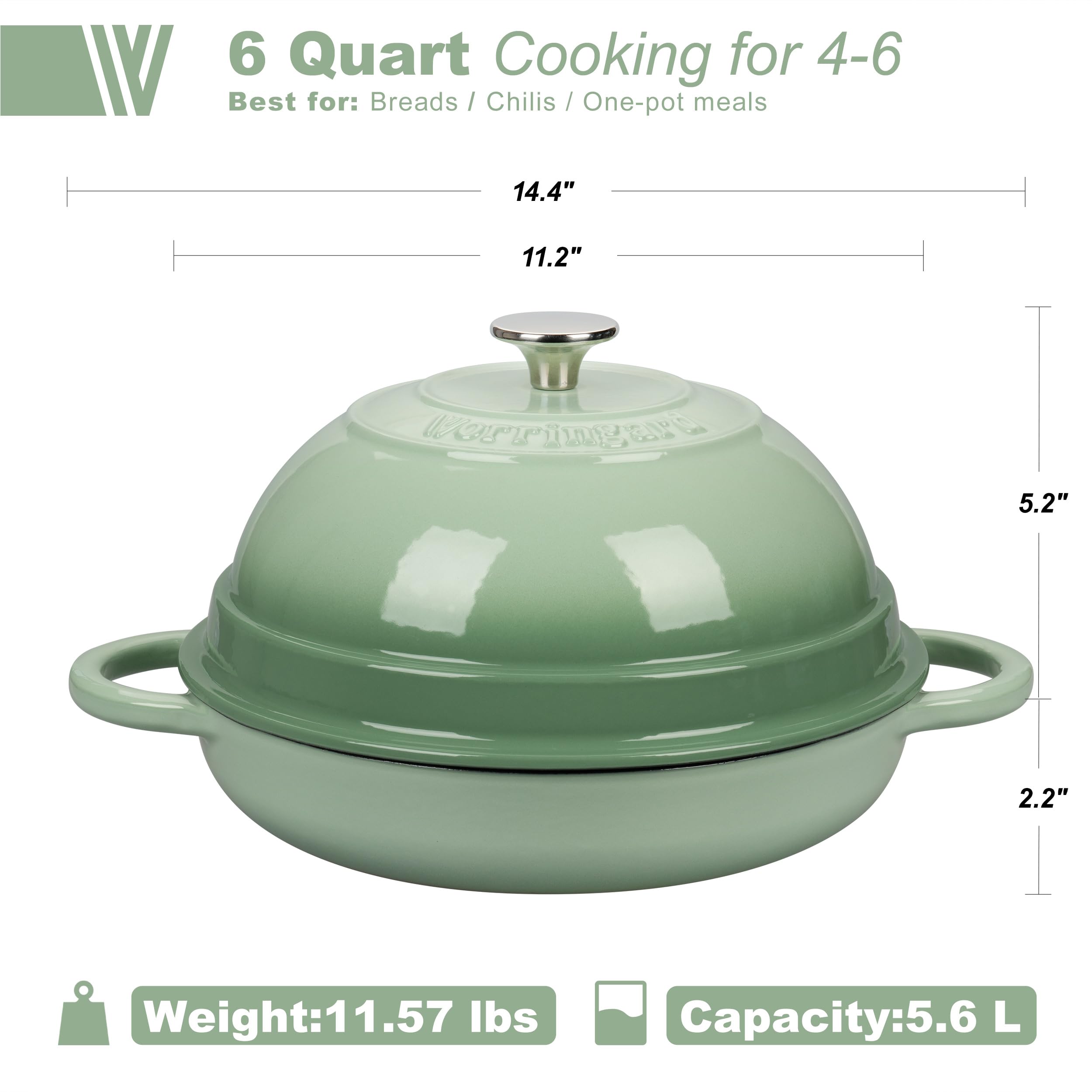 6 Quart Enameled Cast Iron Dutch Oven with Lid - Perfect for Bread Baking, Roasting, Stews & Camping - Green Color Kitchen Cookware