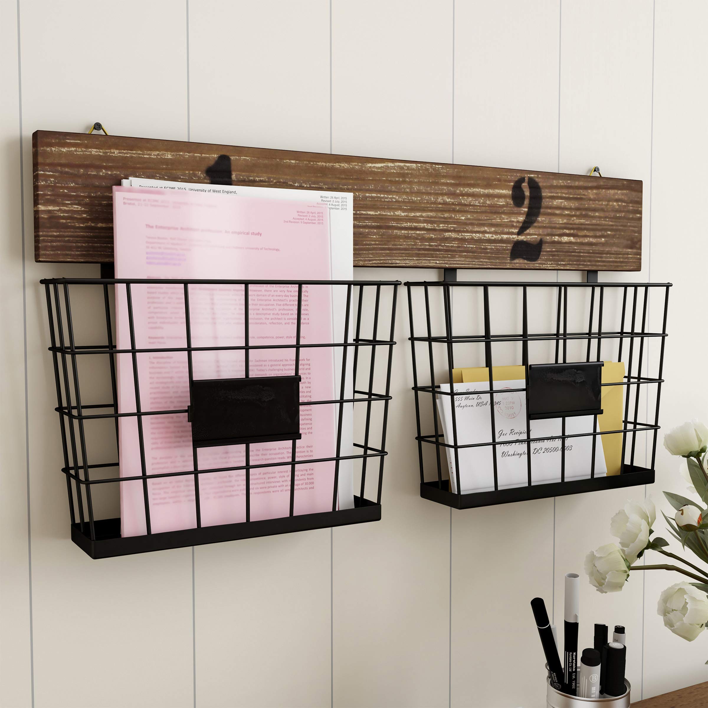 Rustic Wall Mount Double Wire Basket Organizer - Multi-Use Storage Bin for Entryway, Office & Home Decor by Lavish Home | Perfect for Organizing Keys, Mail & Small Items in Kitchen, Bathroom or Bedroom