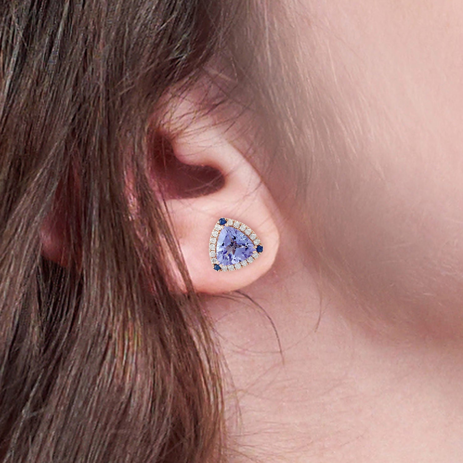14k Rose Gold Blue Tanzanite & Sapphire Pave Diamond Trillion Stud Earrings | Elegant Jewelry for Weddings, Parties & Special Occasions