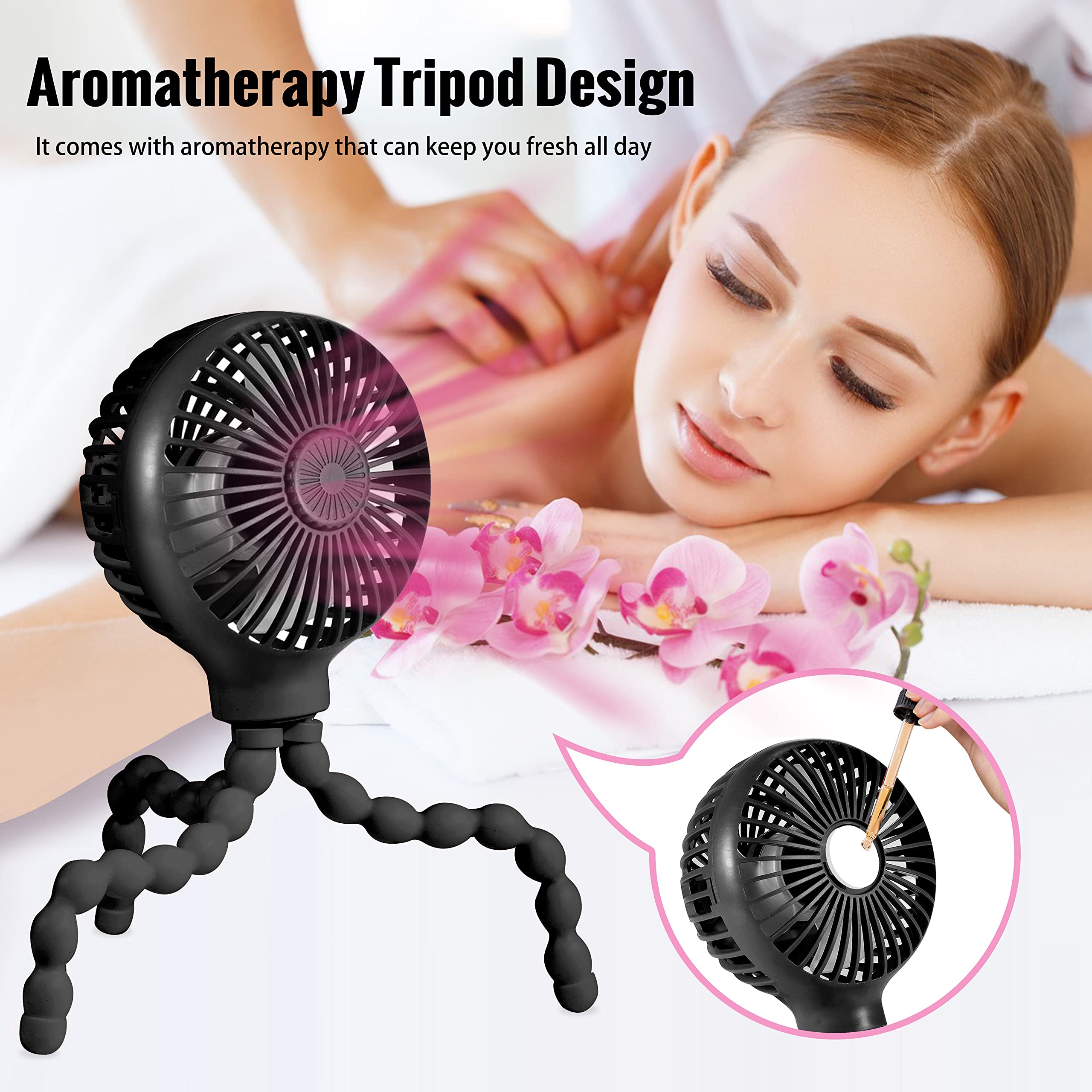 Upgraded Stroller Fan - Mini USB Rechargeable Battery Operated Fan with Flexible Tripod & 3 Speed Settings - Portable Clip On Fan for Baby Stroller, Car Seat, Crib, Treadmill, Office Desk - Perfect for Travel, Nursery, Gym & Home Use (Black)