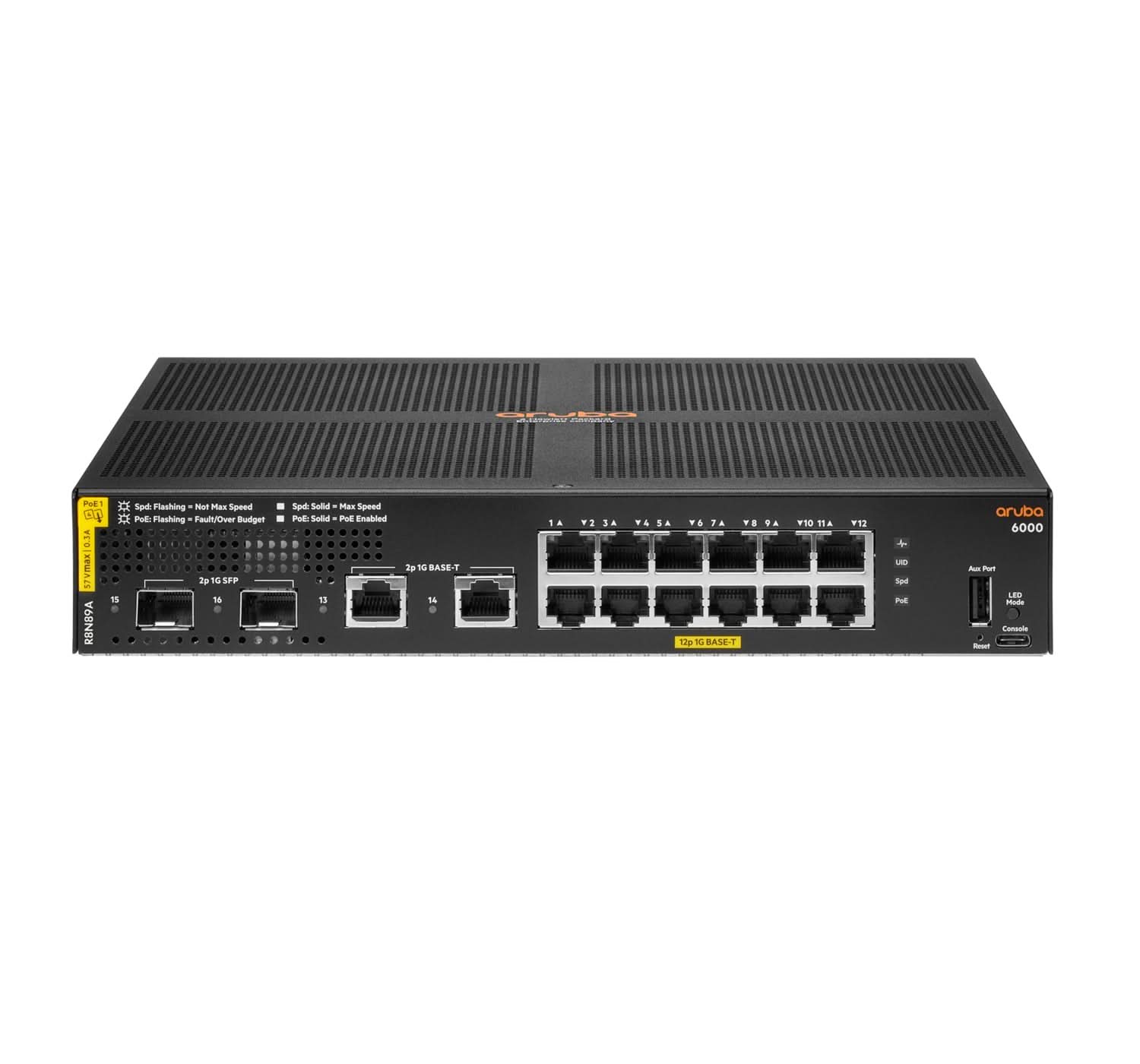 Aruba 6000 12G Class4 PoE Switch - 2G/2SFP Ports, 139W L3 Managed Gigabit Ethernet (10/100/1000) with Power over Ethernet - 1U Rack Mount (Model R8N89A#ABA) for Business Networks & Data Centers