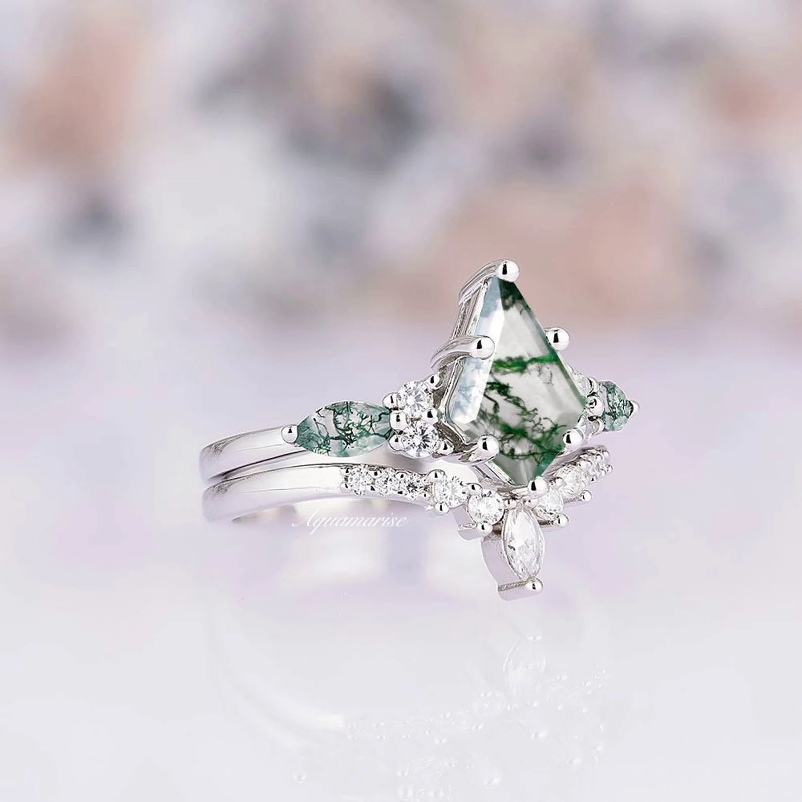 Skye Kite™ Moss Agate Couples Ring - Matching Promise Rings for Him & Her - Natural Stone Wedding Band Set - Perfect for Anniversaries, Engagements & Romantic Gifts