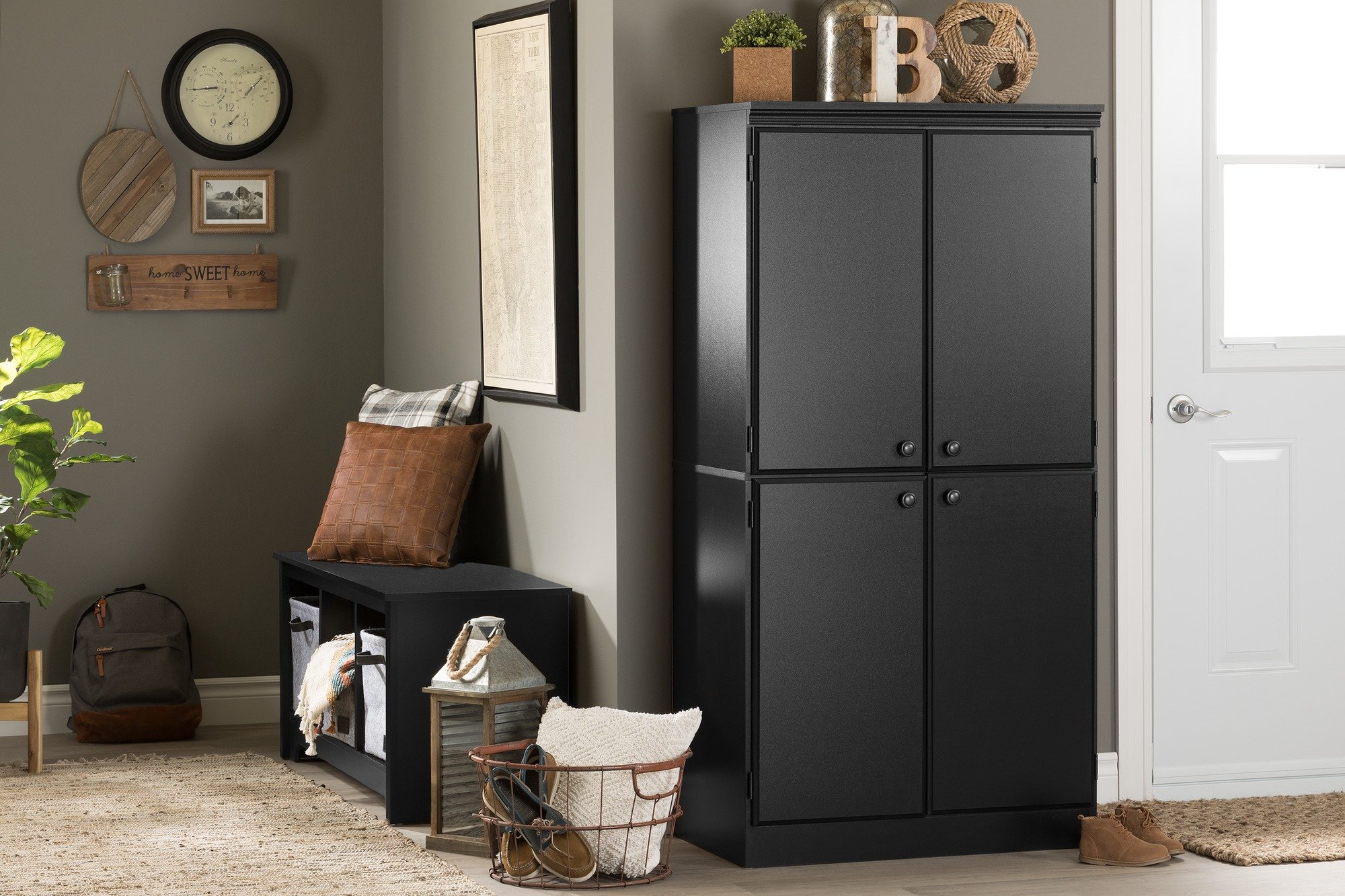 South Shore Tall 4-Door Storage Cabinet with Adjustable Shelves, Pure Black - Perfect for Home Office, Living Room & Bedroom Organization