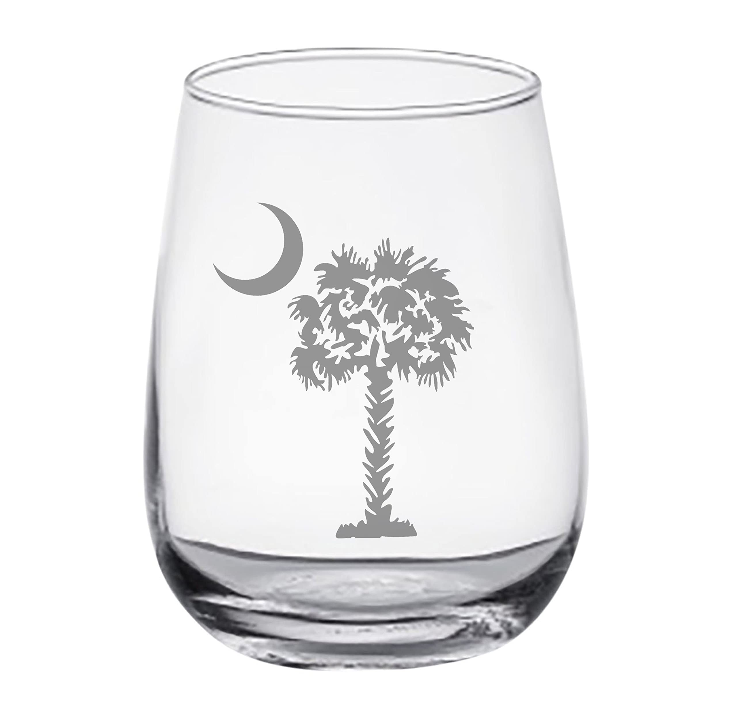 Palmetto and Moon - Set of 2 Stemless Wine Glasses with Laser Engraved Design - Perfect for Wedding Gifts, Anniversary Presents & Home Entertaining