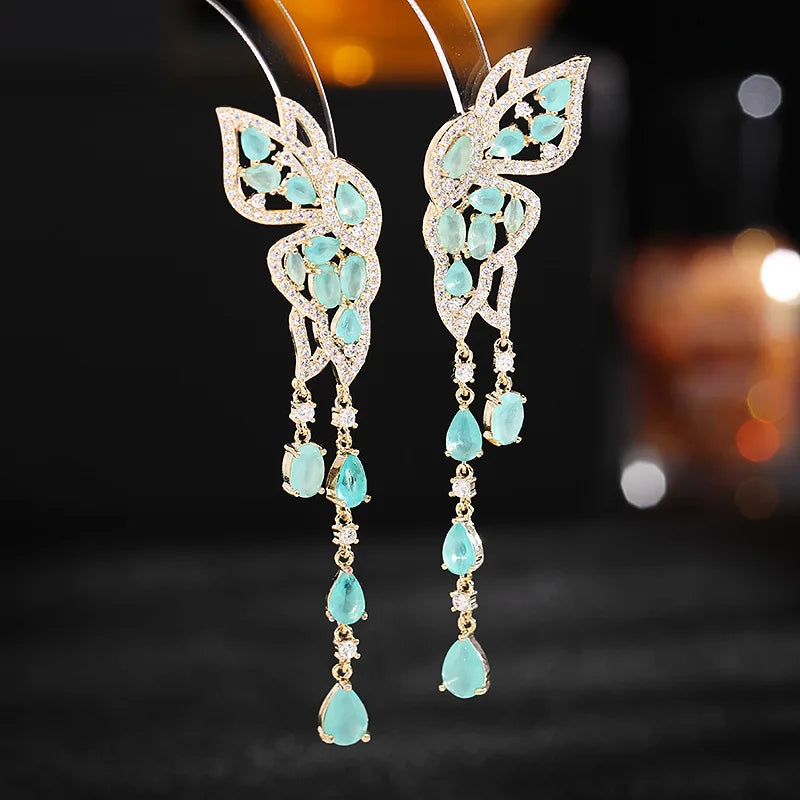 Sparkling Cubic Zirconia Butterfly Water Drop Tassel Earrings for Women - Elegant Bridal Wedding Jewelry Accessories - Perfect for Evening Parties, Prom & Special Occasions