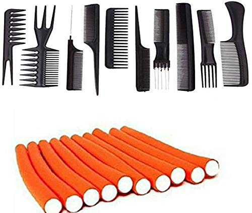 Elecsera 10-Piece Hair Comb Set with 10 Hair Rollers - Styling & Detangling Kit for Salon, Home, and Travel Use