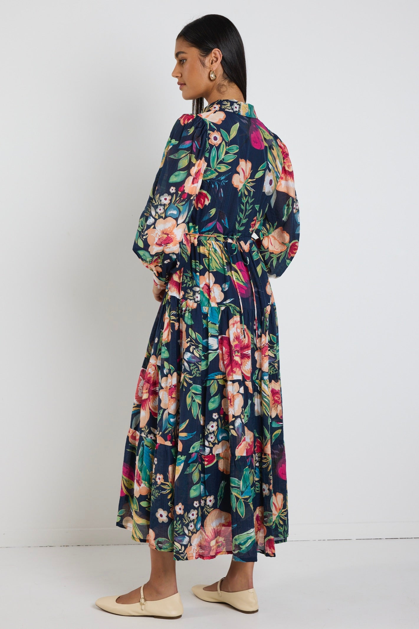 Adair Navy Vibrant Floral Long Sleeve Tiered Shirt Style Maxi Dress for Women | Elegant Boho Chic Midi Dress for Wedding Guest, Party & Special Occasions