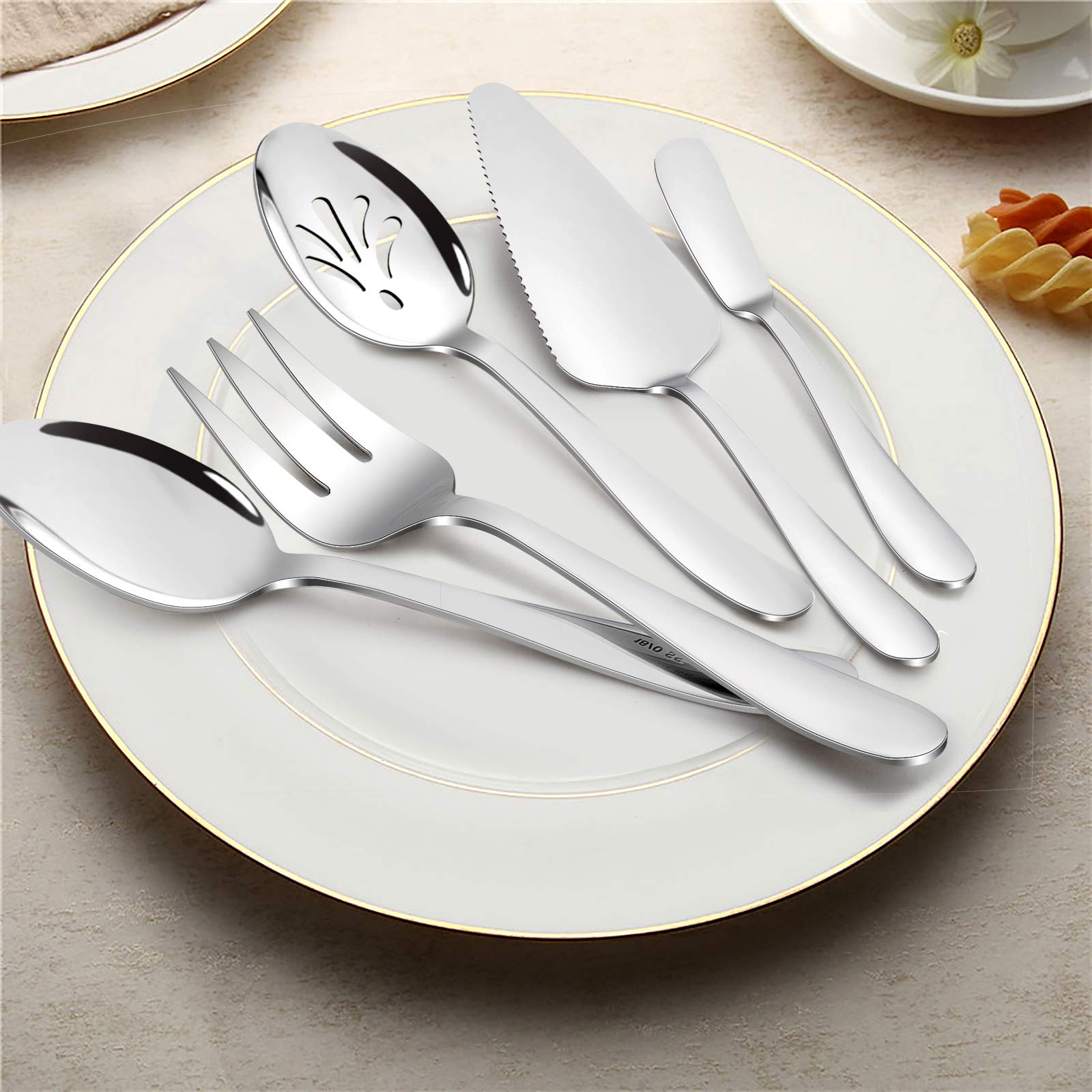 HaWare Heavy Duty 5-Piece Stainless Steel Serving Utensil Set - Mirror Polished Serving Spoon & Fork, Premium Flatware for Entertaining - Dishwasher Safe for Easy Cleaning - Perfect for Dinner Parties, BBQs & Catering Events