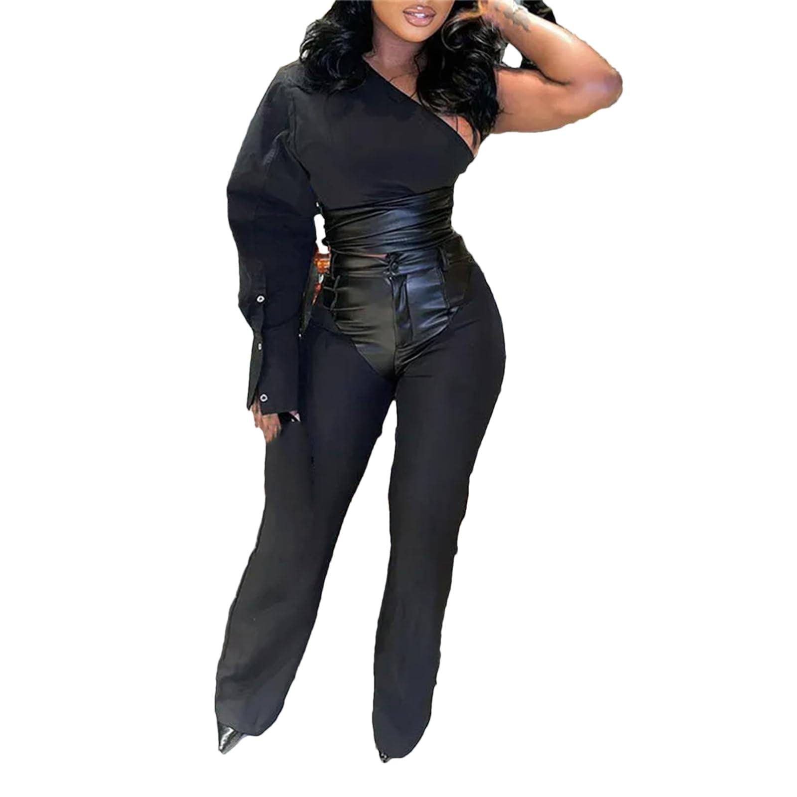 Women's Faux Leather Patchwork One Shoulder Crop Top & Wide Leg Pants Suit Set - Trendy Two Piece Outfit for Night Out, Party, or Date Night