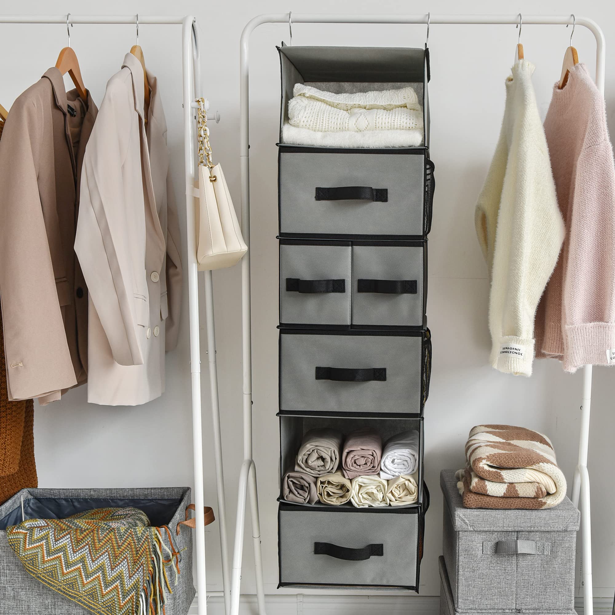 GRANNY SAYS 6-Shelf Hanging Closet Organizer with 5 Drawers & 6 Side Pockets - Space Saving Wardrobe Storage Solution for Clothes, Shoes & Accessories (Gray, 1-Pack) - Perfect for Bedroom, Dorm, Apartment & Small Space Organization