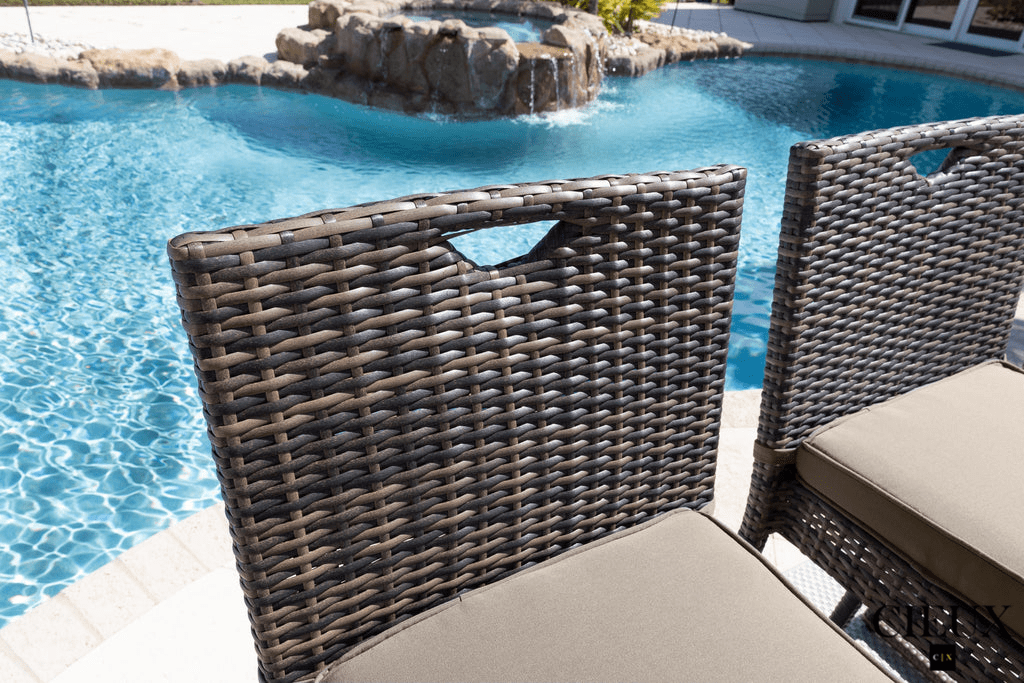Brown Valence Outdoor Patio Wicker Bar Table and 6 Chairs Set with Sunbrella Canvas Taupe Cushions - Perfect for Backyard, Poolside, and Garden Entertaining