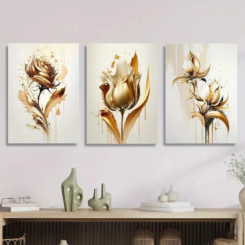 3-Piece Golden Rose Abstract Wall Art Set - Framed Canvas Prints 50x70cm (20x28in) - High Quality Australian Made Ready-to-Hang Decor for Living Room, Bedroom & Office