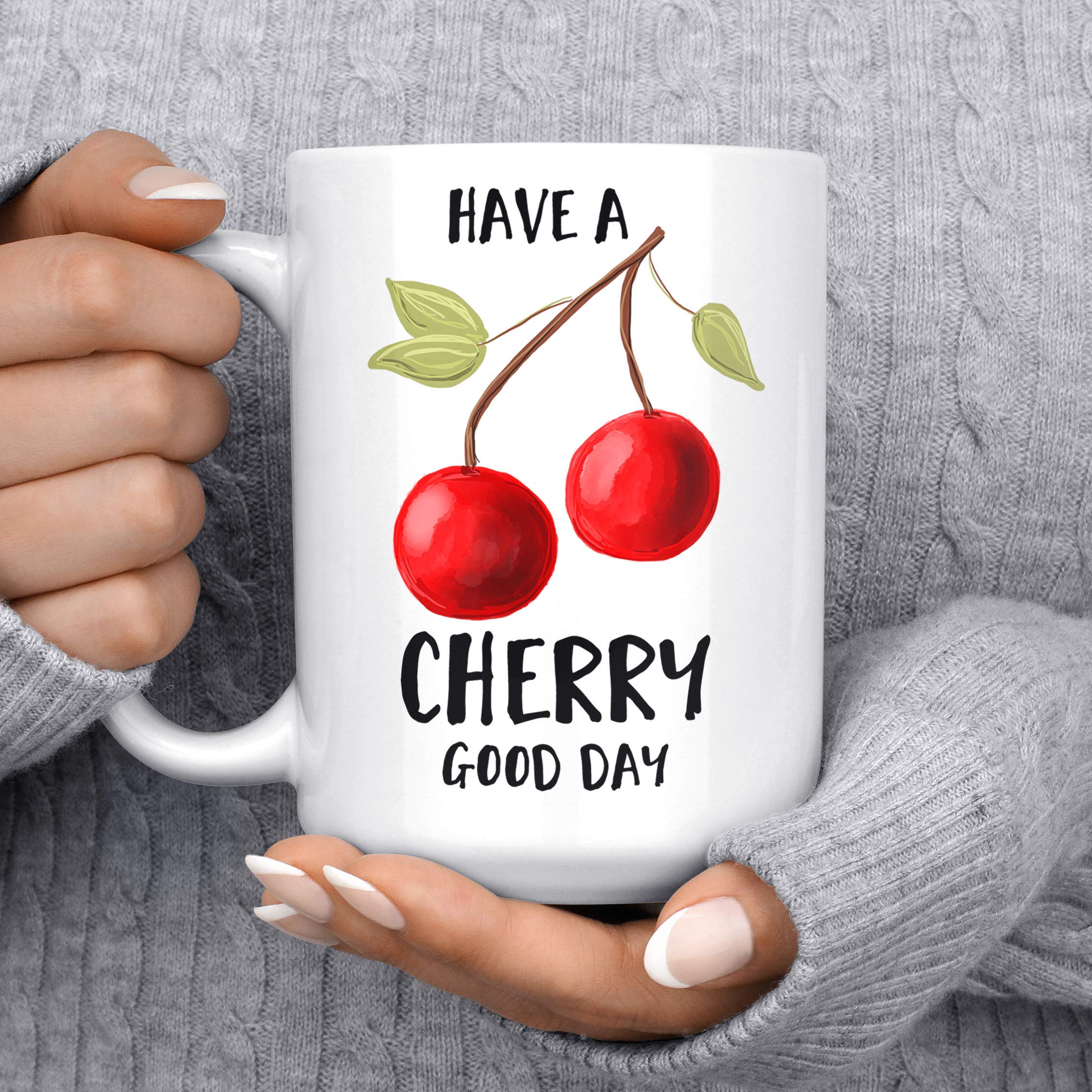 Cherry Coffee Mug - Dishwasher & Microwave Safe Ceramic Cup with Fun 'Have a Cherry Good Day' Pun - Perfect Gift for Vegan Friends, Office Use, or Cheerful Morning Coffee Routine
