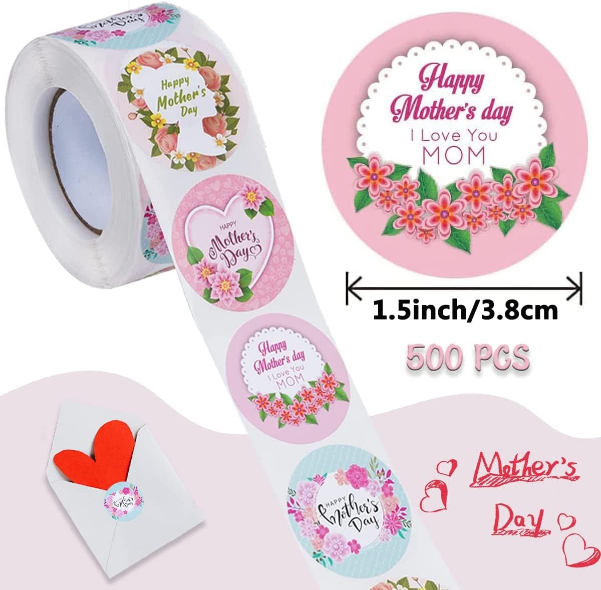 500 PCS Happy Mother's Day Stickers - Self-Adhesive Floral Labels for Party Favors, DIY Cards & Gift Wrapping (1.5 Inch) - Perfect for Mother's Day Decorations, Scrapbooking & Craft Projects