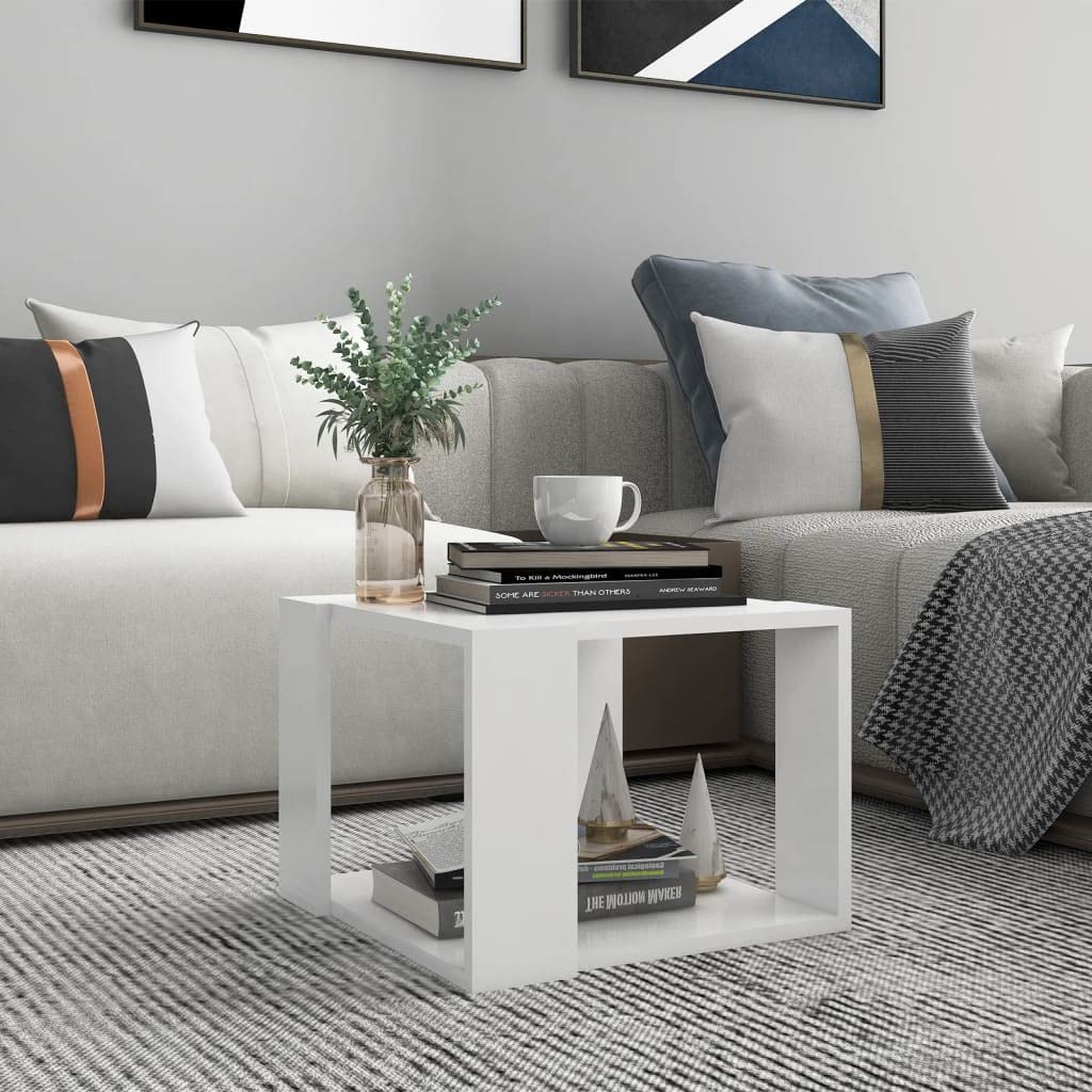 16 Inch Modern Square Coffee Table with 2 Tier Shelves - White End Table for Living Room, Bedroom, Kitchen, Office & Bar Decor - Perfect for Small Spaces, TV Stands & Sofa Side Tables