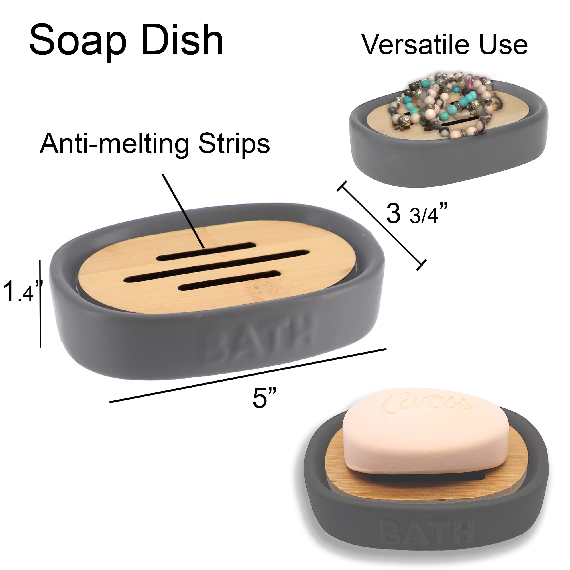 Bath D Soap Dish & Dispenser - Grey Bamboo Tray for Shower, Bathroom Countertop, and Spa Organization