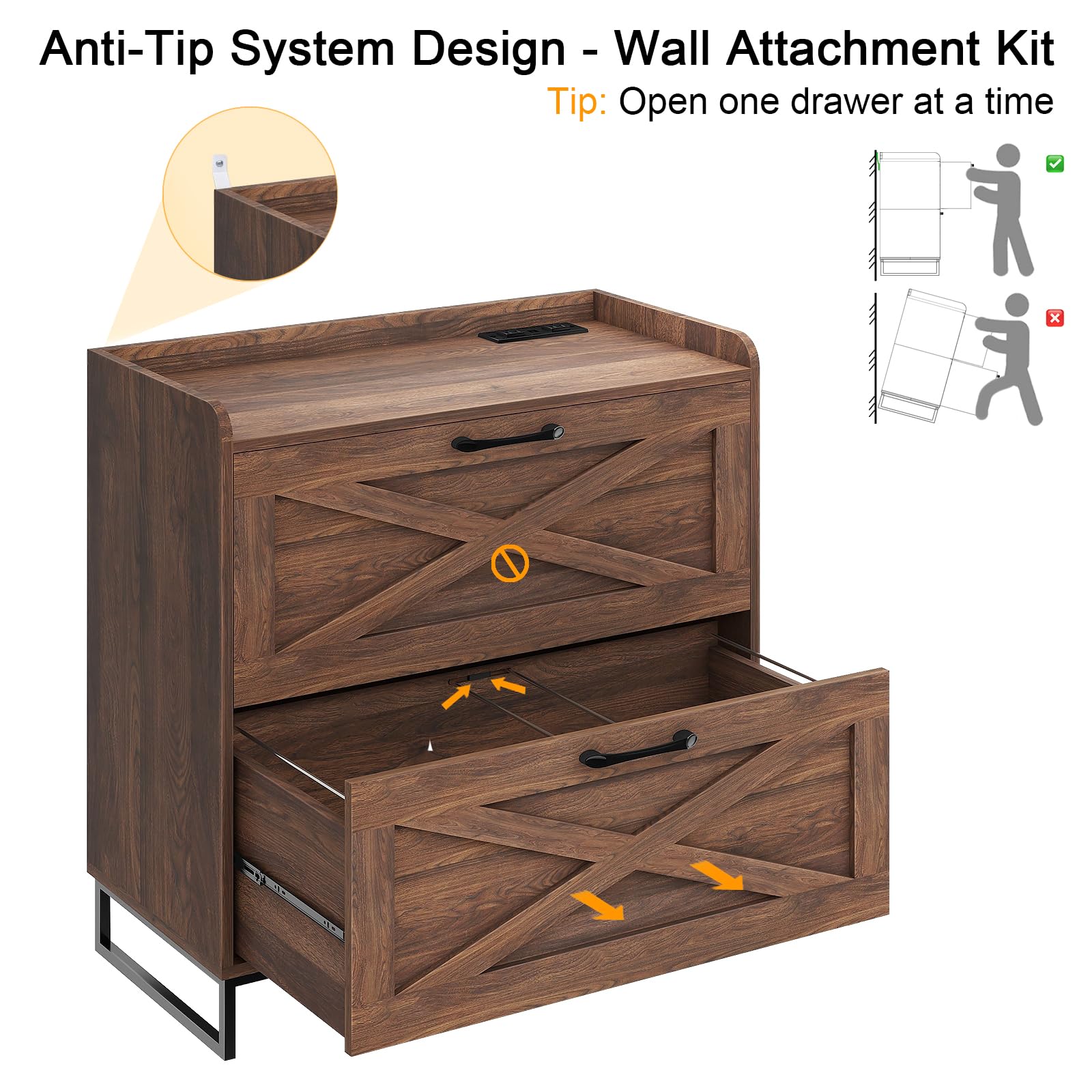 2-Drawer Lateral File Cabinet with Charging Station - Letter/Legal/A4 Size Hanging Files - Wood Office Storage Cabinet & Printer Stand - Dark Walnut - Perfect for Home Office Organization & Workspace Efficiency