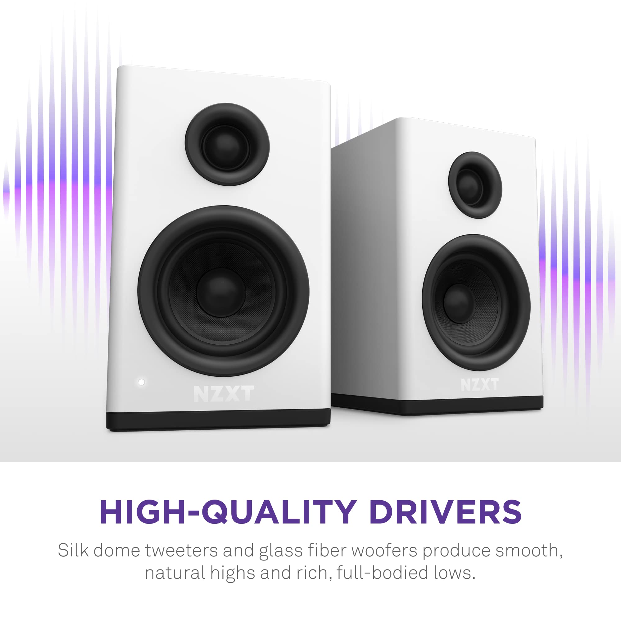 NZXT Relay PC Gaming Desktop Speakers - 80W Bookshelf-Style White Speakers with Silk Dome Tweeters & Glass Fiber Woofers - High Dynamic Range for Gaming, Streaming & Home Office Setup