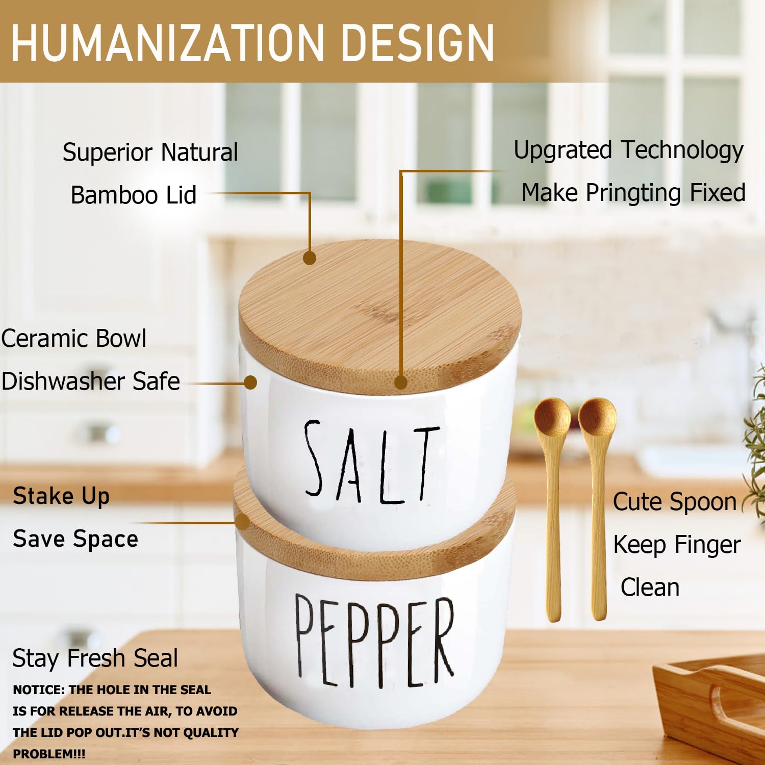 Farmhouse Salt and Pepper Bowls Set - Stackable Ceramic Salt Cellar with Bamboo Lid, Airtight Spice Container with Spoon - Modern Farmhouse Kitchen Decor for Dining Table, Countertop, or Gift (White)
