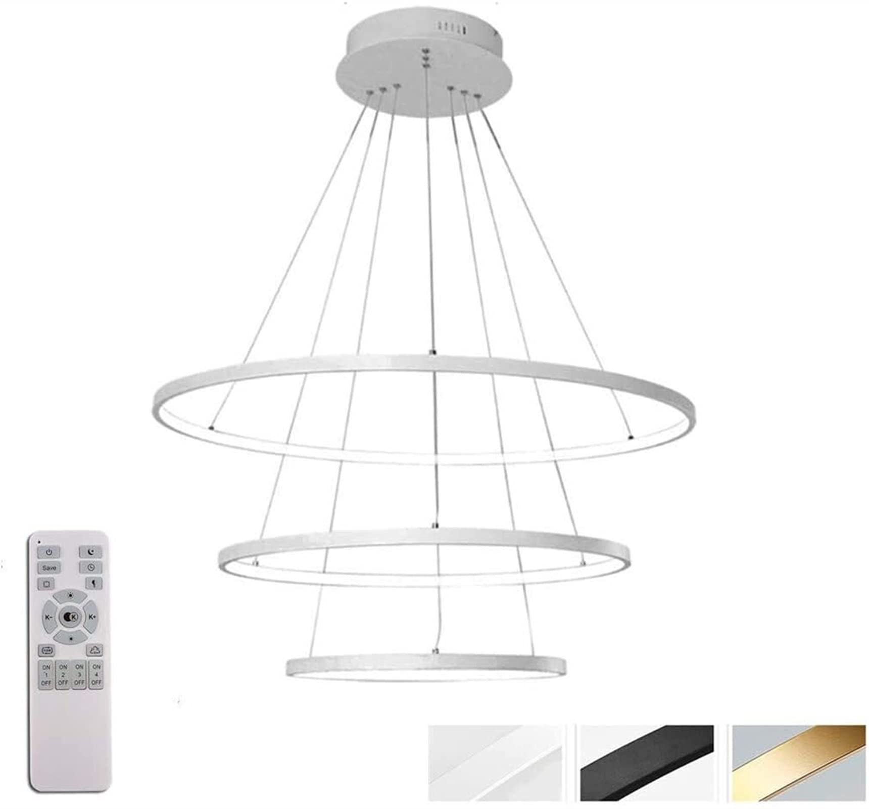 Modern Gold Circle LED Chandelier - 3-Ring Dimmable Pendant Light with Remote Control for Dining Room, Living Room & Bedroom | Energy-Efficient Ceiling Fixture for Elegant Home Decor