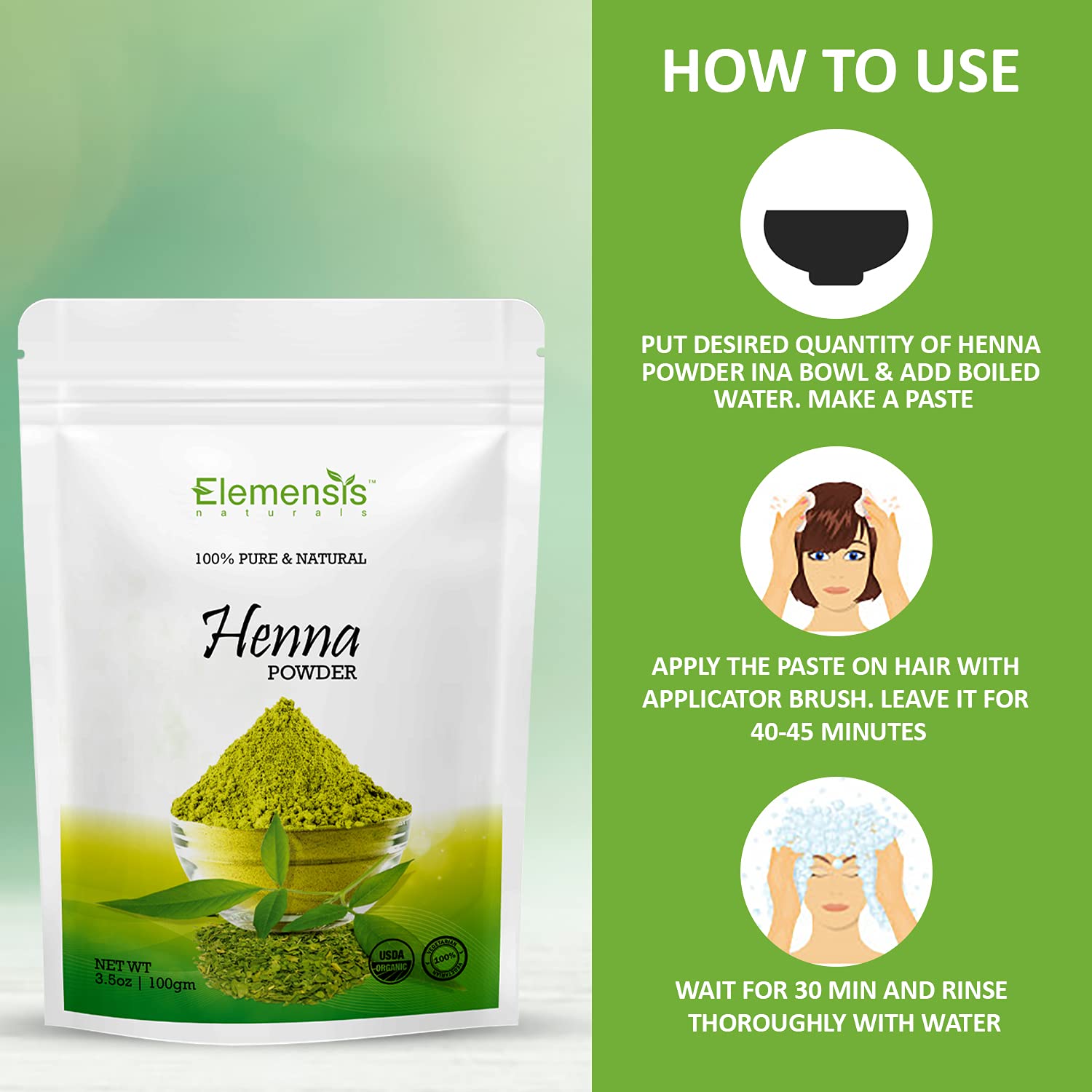 Elemensis Naturals Pure & Natural Henna Powder for Healthy Strong Hair - Hair Fall Control & Damage Repair (100g) | DIY Hair Treatment for Shine & Growth | Perfect for Natural Hair Care & Ayurvedic Remedies