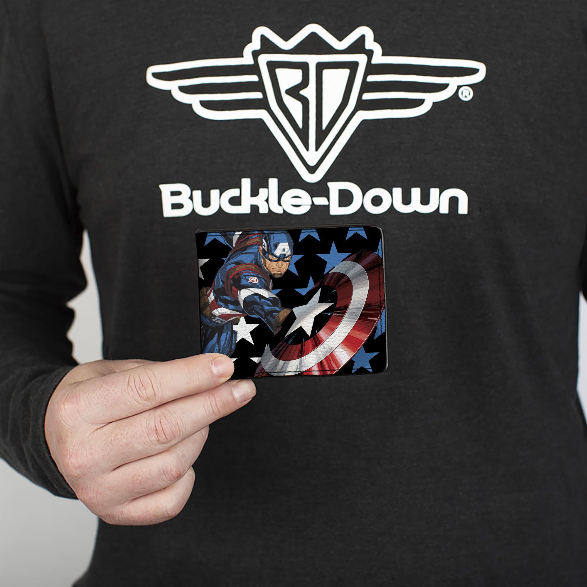 Buckle-Down Men's Bifold Wallet - Captain America Design, 4.0 x 3.5 Inches, Genuine Leather, Slim RFID Blocking Wallet for Everyday Carry, Gifts for Men