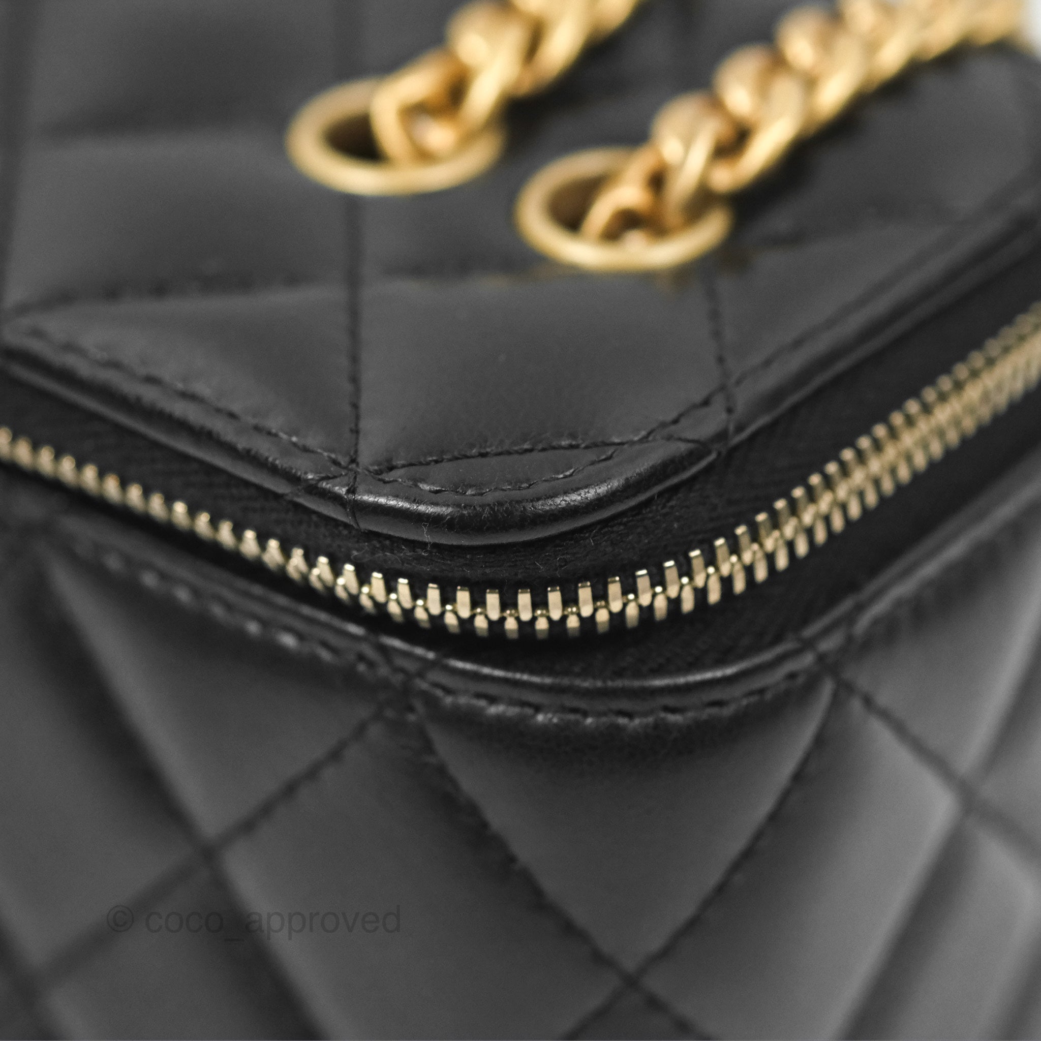 Chanel Adjustable Chain Black Lambskin Vanity Bag with Aged Gold Hardware - Perfect for Evening Events, Parties & Luxury Fashion Accessories