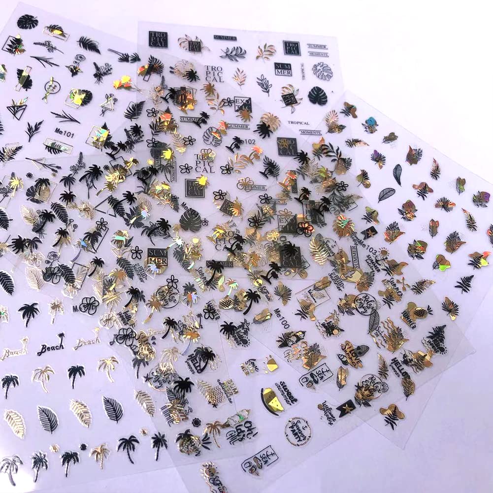6 Sheets Gold Nail Stickers - 3D Self-Adhesive Flower & Tropical Nail Art Designs for Women - DIY Nail Decoration Supplies for Acrylic Nails - Perfect for Summer Vacations, Beach Parties & Bridal Manicures