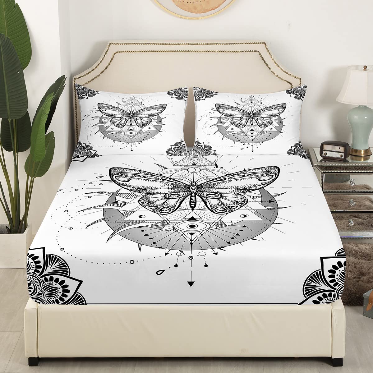 White Butterfly Queen Size Bed Sheets Set - 4 Piece Bohemian Mandala Sun & Moon Design, Soft Breathable Cotton Bedding with Fitted Sheet, Flat Sheet & Pillowcases - Perfect for Boho Hippie Bedroom Decor & Celestial Theme Rooms