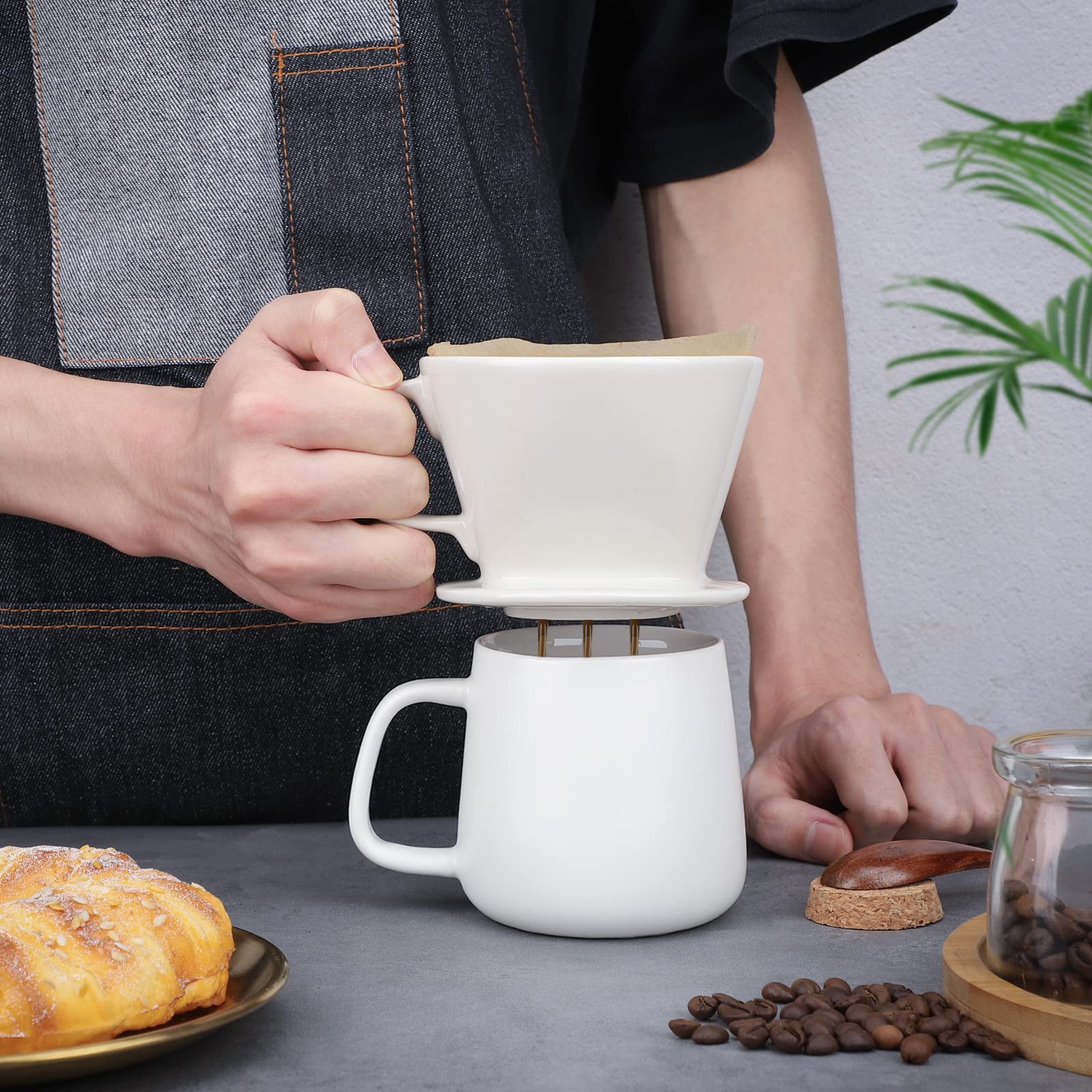Segarty White Ceramic Pour Over Coffee Maker - No.2 Single Cup Drip Brewer with Reusable Filter, 3-Hole Flat Bottom Design for Home, Office, Camping & Travel | Perfect Slow Brew Coffee Dripper for Specialty Coffee Lovers