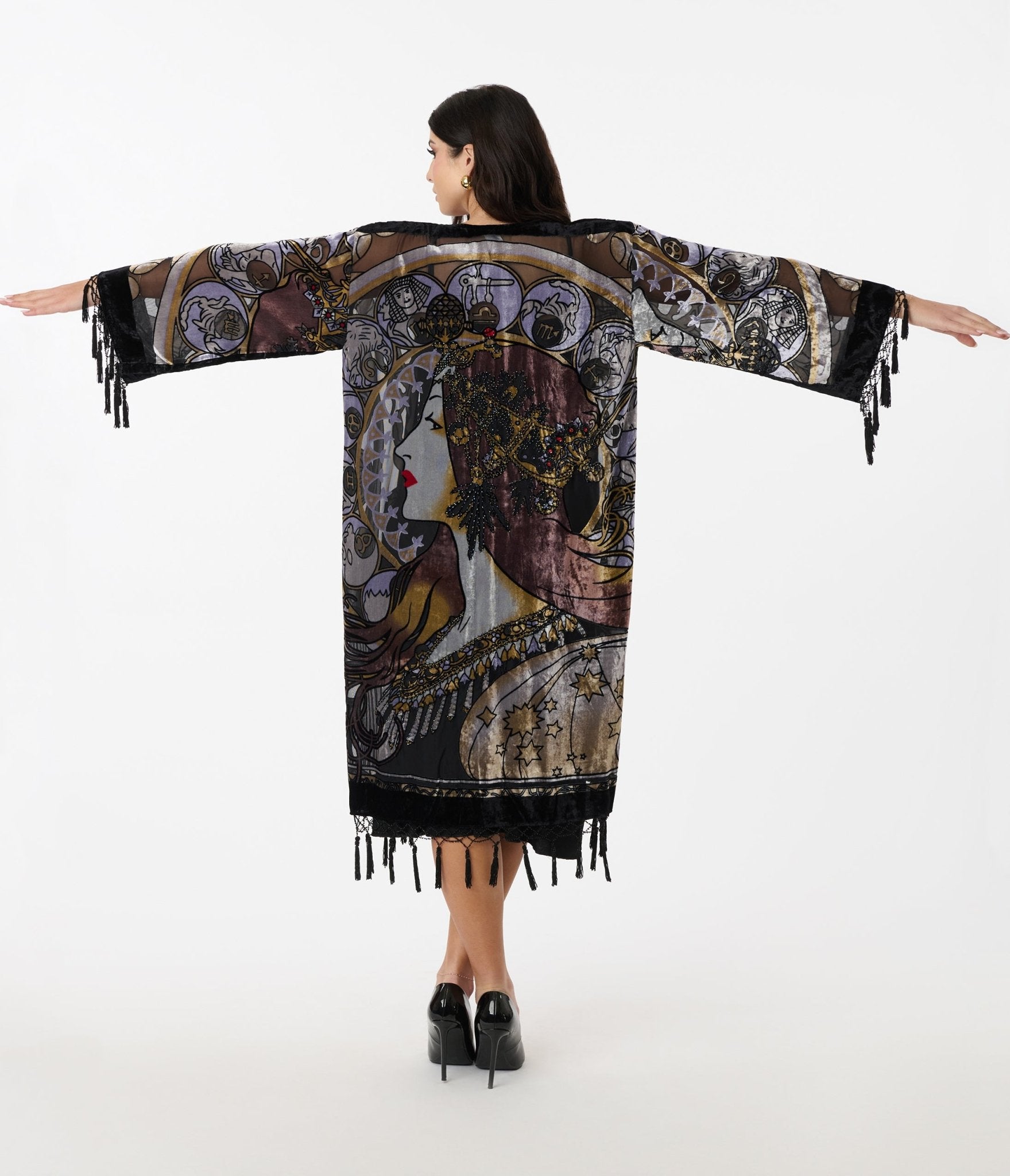 1920s Black Beaded Zodiac Goddess Devore Velvet Scarf Coat - Vintage Flapper Style Shawl for Evening Parties, Weddings & Costume Events