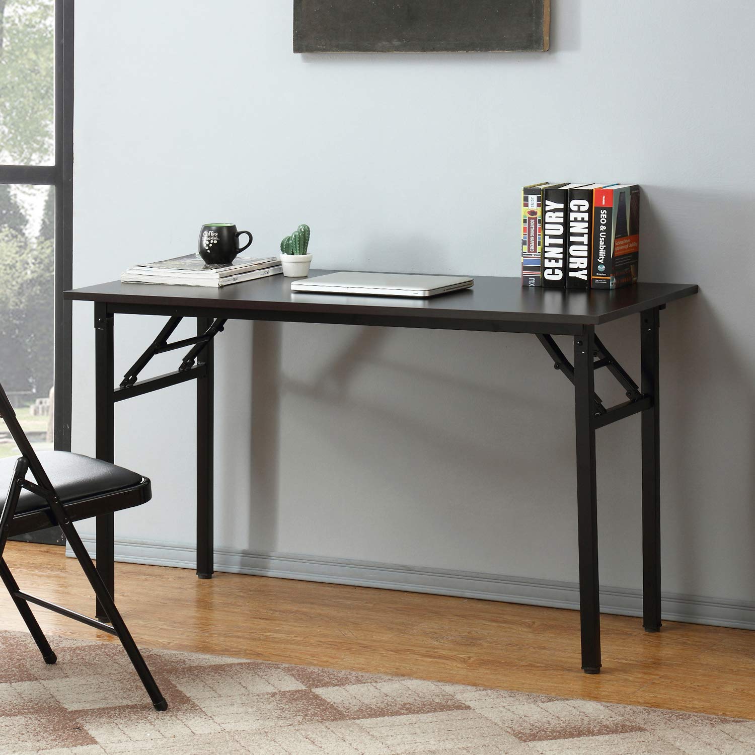 SogesPower 47-inch Folding Computer Desk - Sturdy Fully Assembled Home Office Writing Table, Black | Perfect for Small Spaces, Dorm Rooms & Workspaces