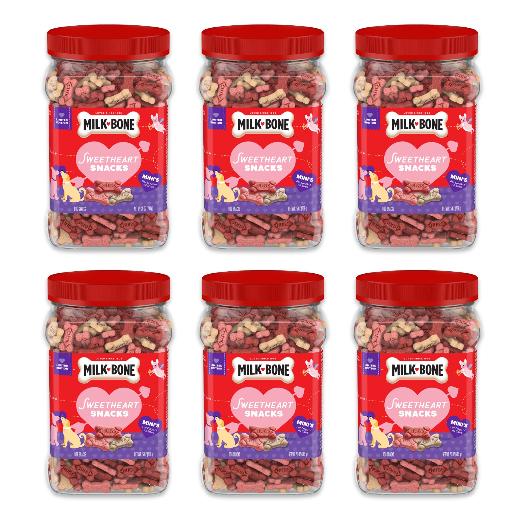 Milk-Bone Sweetheart Snacks Mini's Dog Treats - 25oz Canister (Pack of 6) | Crunchy & Delicious Training Rewards for Small & Medium Dogs | Perfect for Obedience Training, Positive Reinforcement & Daily Snacking