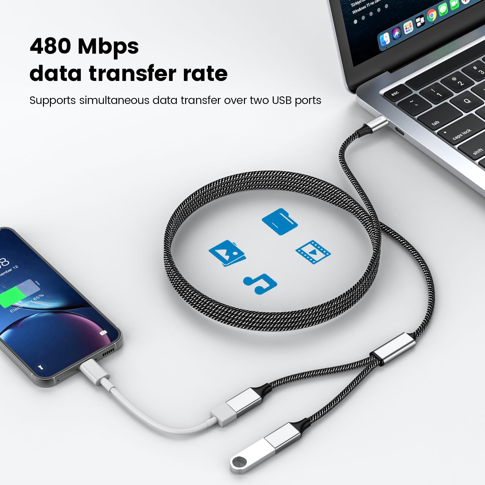 Type C to Dual USB A Adapter - OTG Splitter for MacBook, Pixel, Galaxy - Fast Charging & Data Transfer