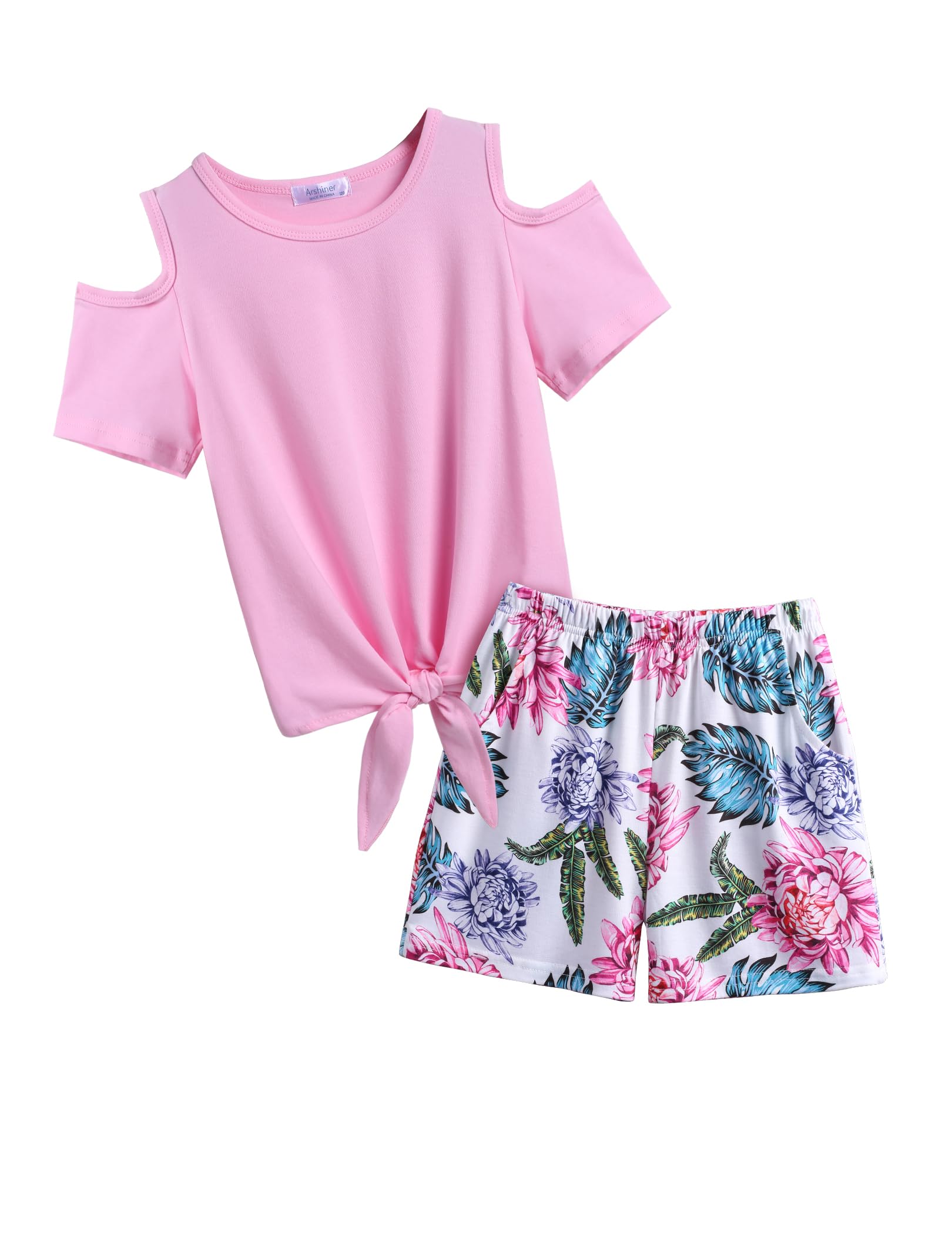 **Arshiner Girls 2-Piece Outfit Set - Short Sleeve Tie Knot T-Shirt & Casual Shorts with Pockets | Cute Summer Clothes for Toddlers & Kids | Playdates, Beach, and Outdoor Activities**